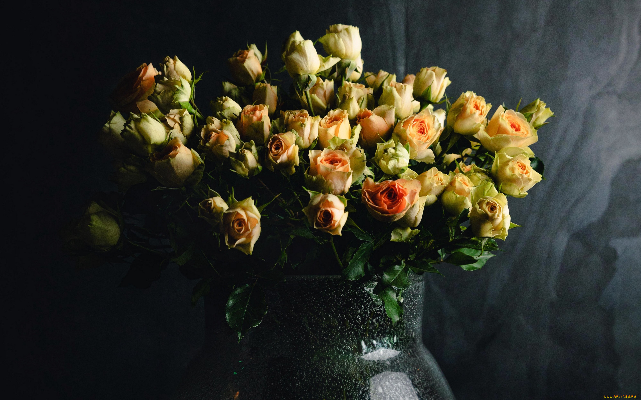 цветы, розы, букет, ваза, бутоны, персиковый
