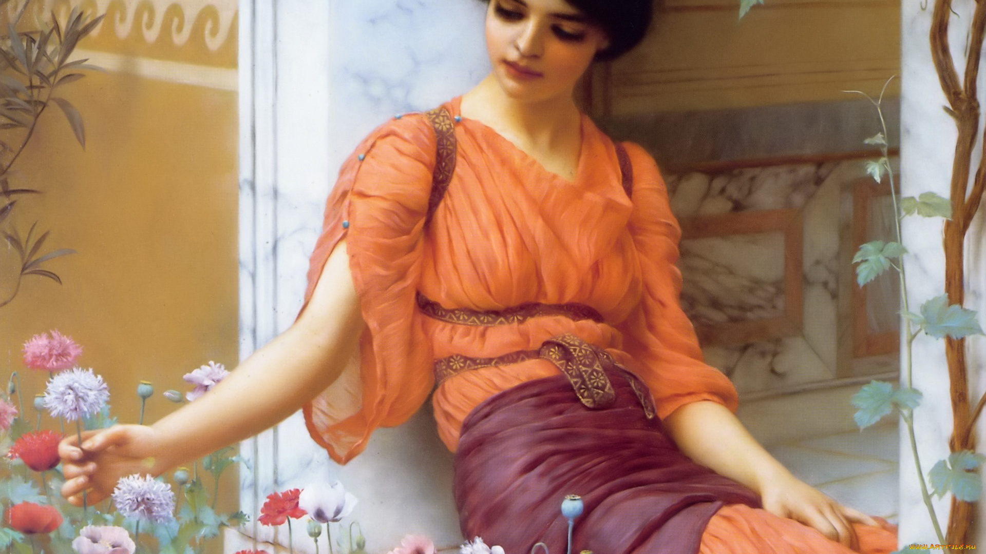 летние, цветы, рисованное, john, william, godward, девушка, цветы