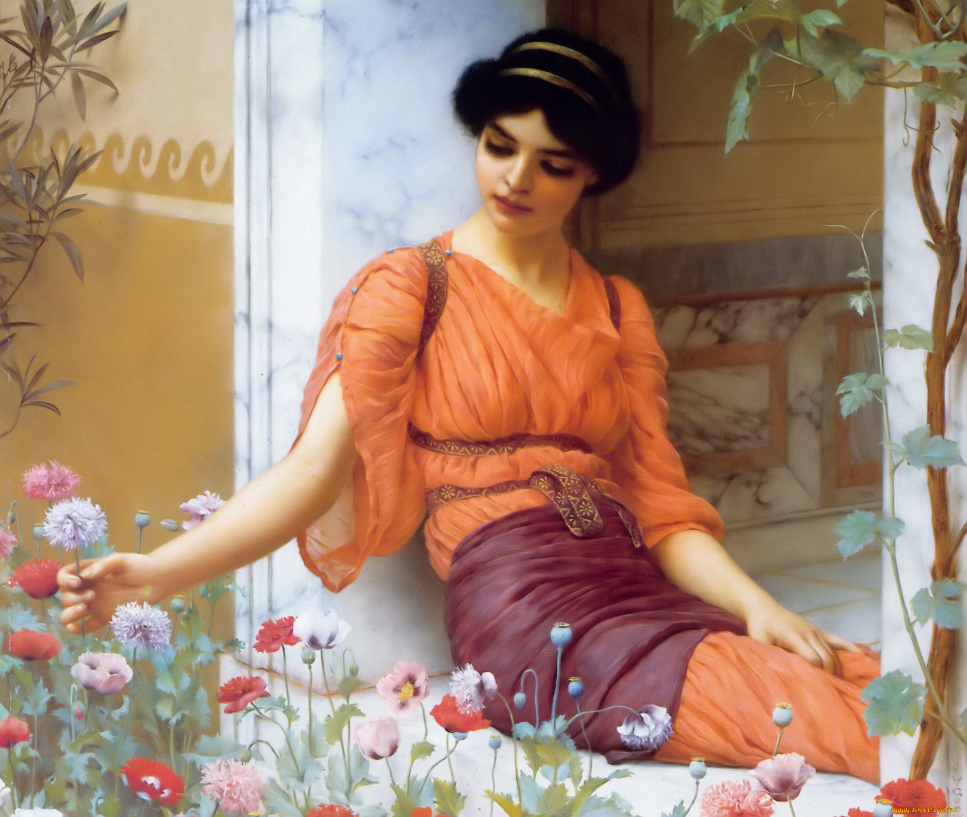 летние, цветы, рисованное, john, william, godward, девушка, цветы