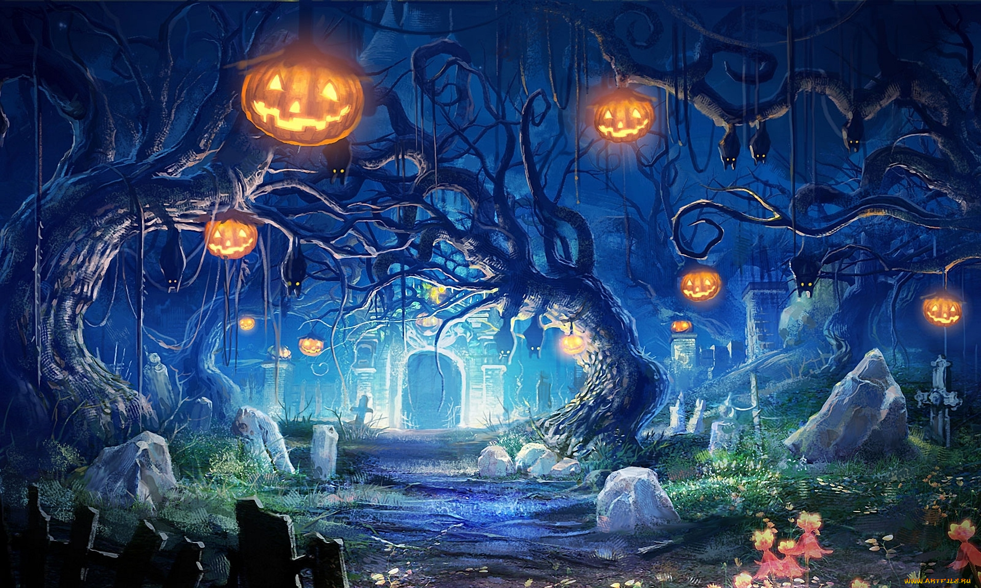 helloween, праздничные, хэллоуин, тыквы, арт, деревья, камни, склеп, могилы, огни, ночь, кладбище, летучие, мыши