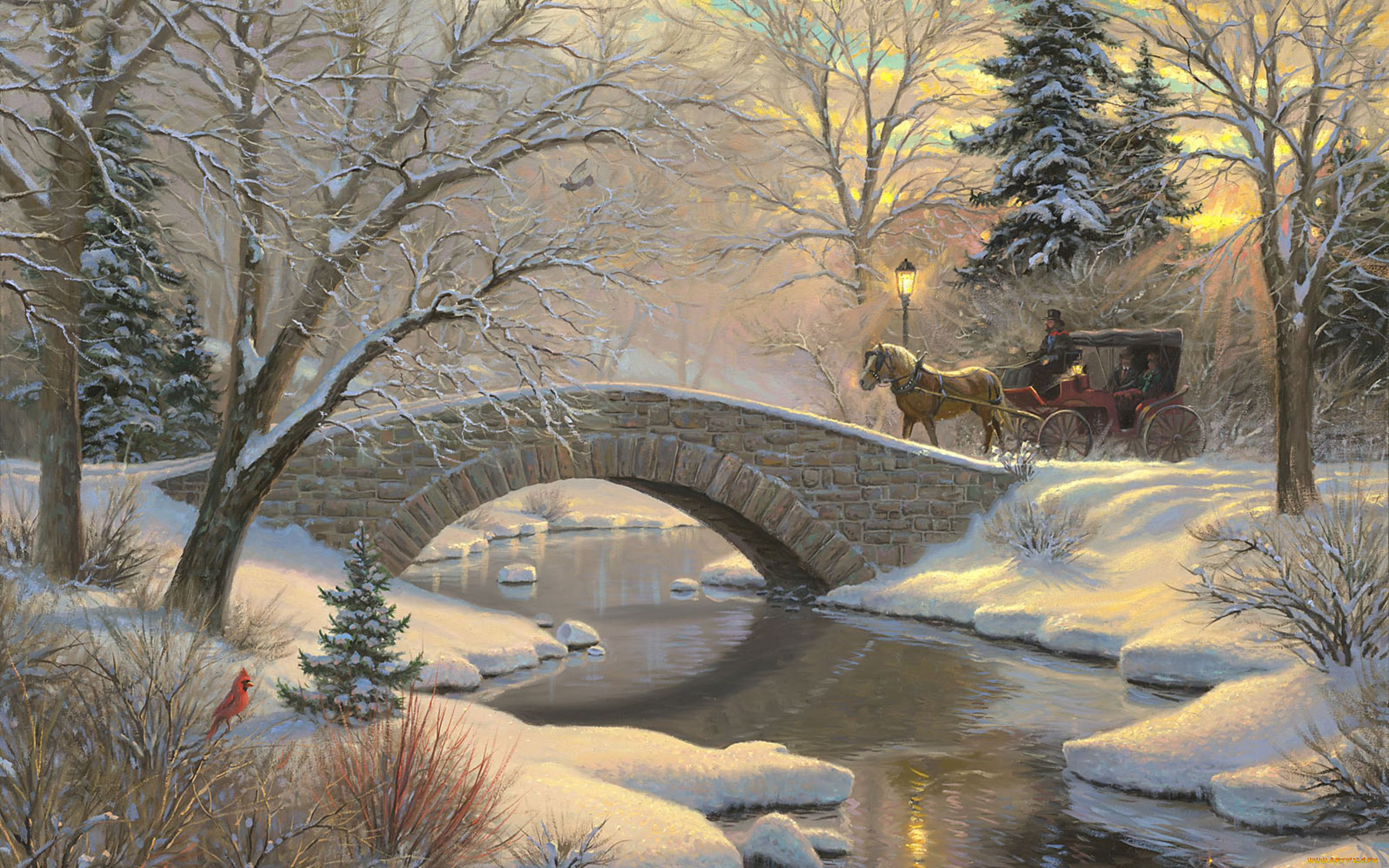 mark, keathley, рисованные, карета, река, лошадь, снег, деревья, мост, зима
