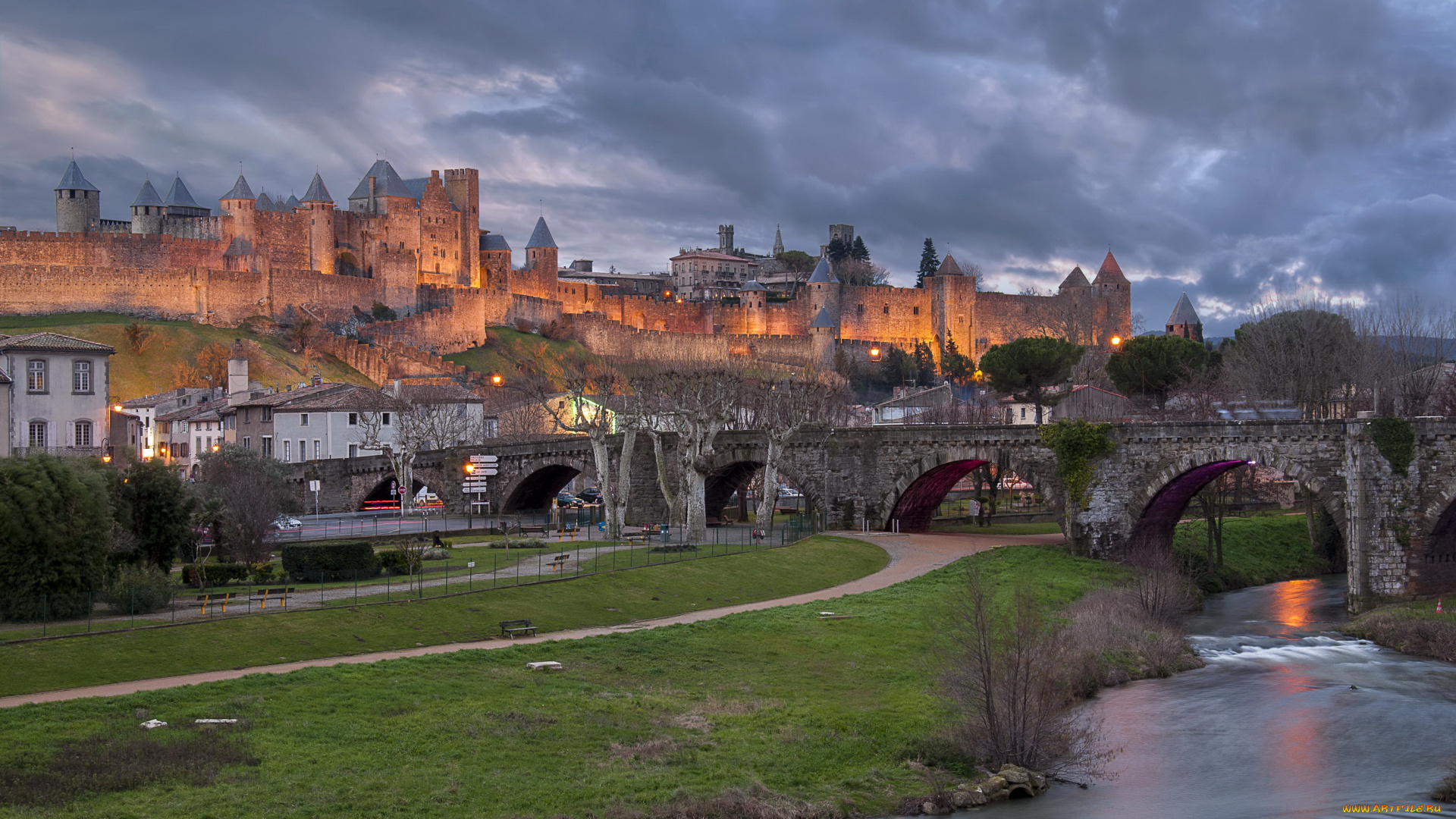 carcassonne, castle, франция, города, -, дворцы, , замки, , крепости, мост, река, замок, франция, carcassonne, castle