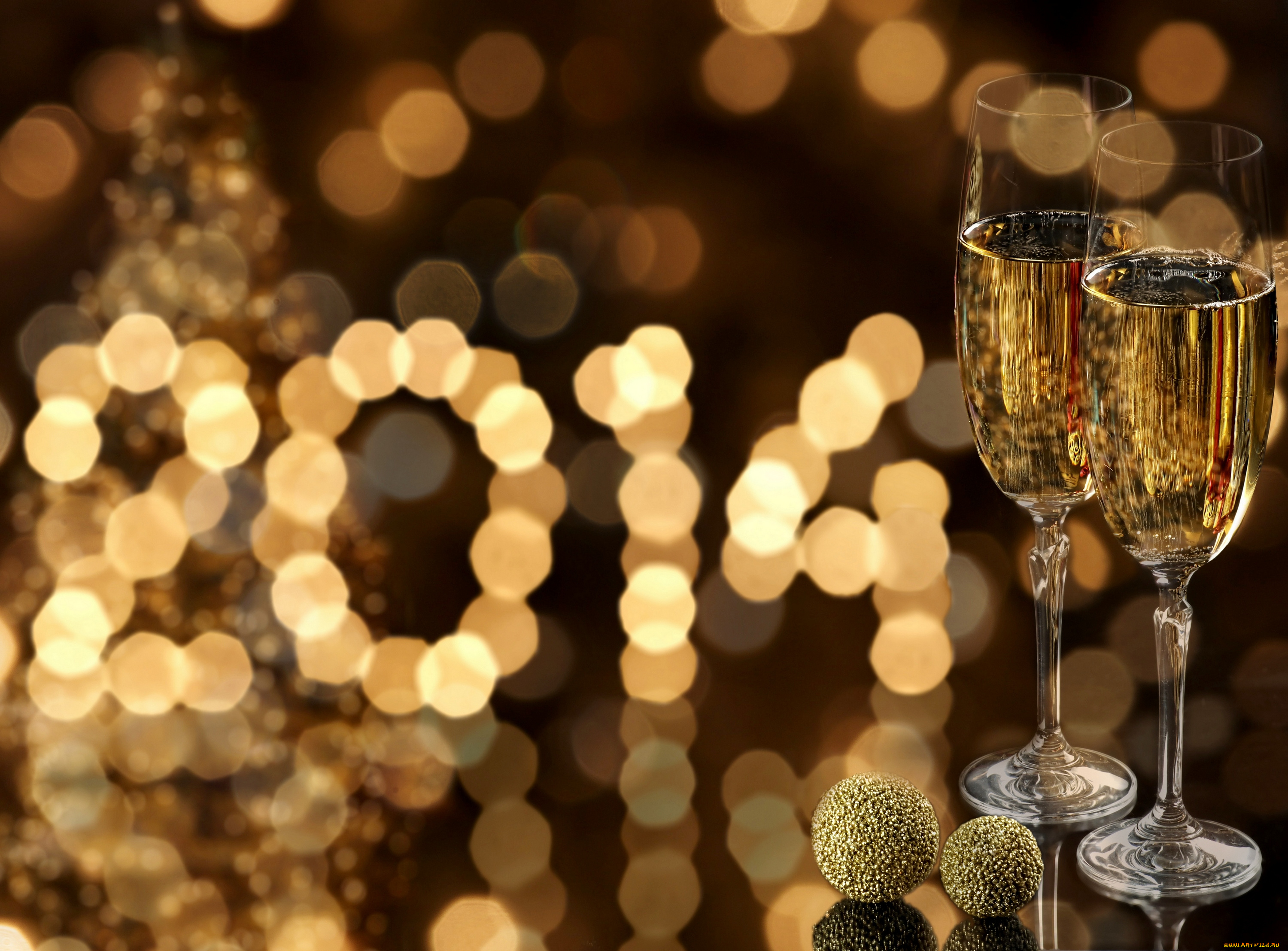 праздничные, угощения, шампанское, бокалы, боке, золото, цифры, 2014, праздники, new, year, christmas, рождество, новый, год