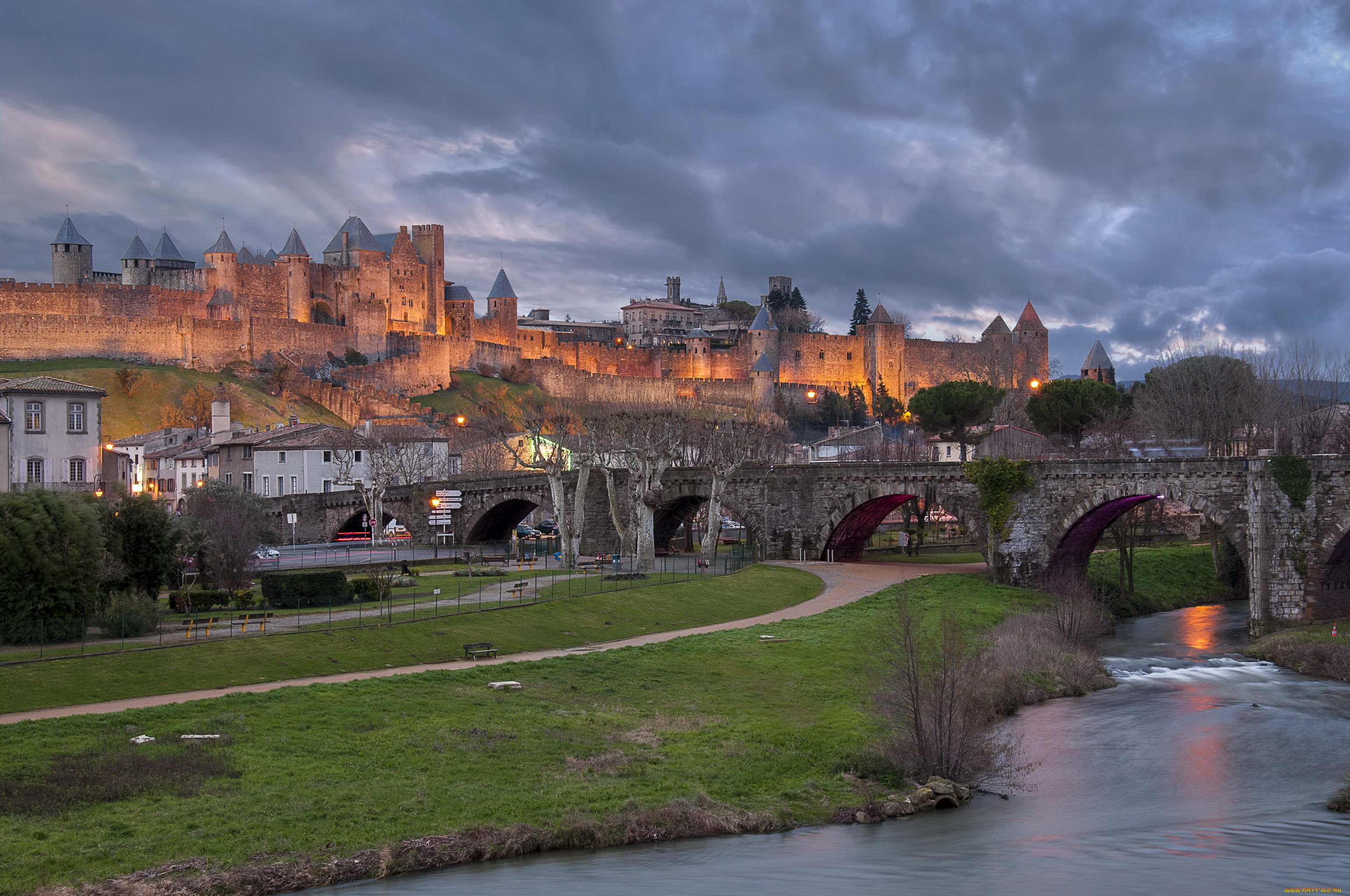 carcassonne, castle, франция, города, -, дворцы, , замки, , крепости, мост, река, замок, франция, carcassonne, castle
