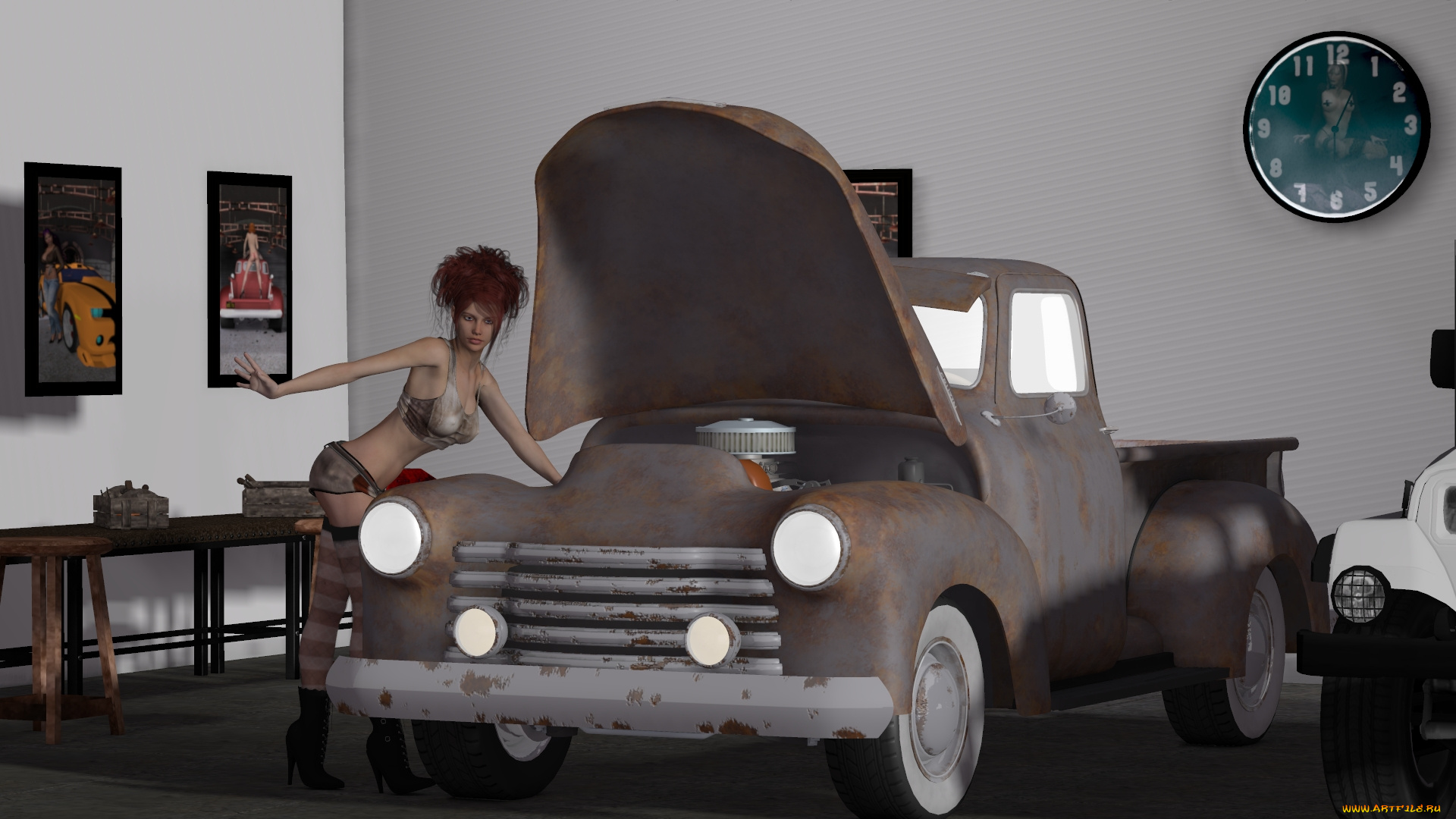 автомобили, 3d, car&girl, часы, автомобиль, взгляд, фон, девушка, картины