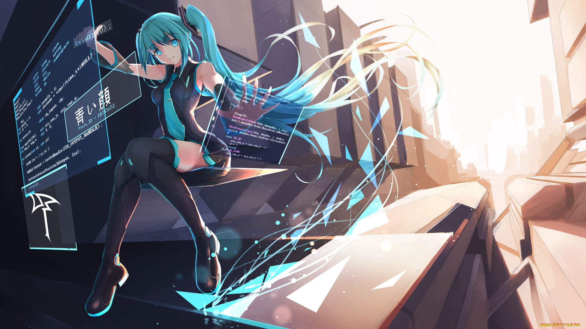 аниме, vocaloid, волосы, платья, компьютер, сапоги, длинные, hatsune, miku