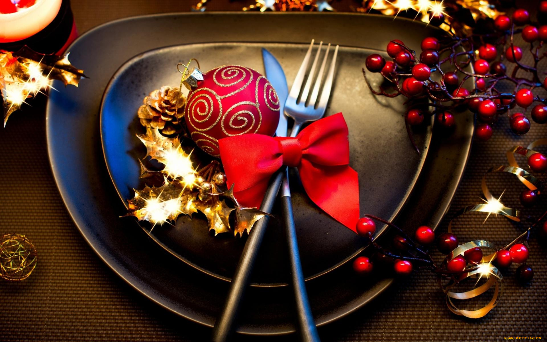праздничные, сервировка, тарелка, ягоды, приборы, шар