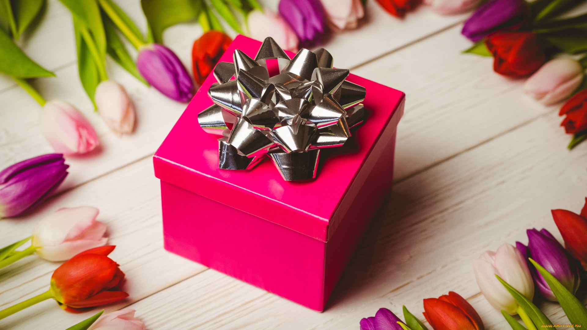 праздничные, подарки, и, коробочки, цветы, тюльпаны, бант, подарок, коробка
