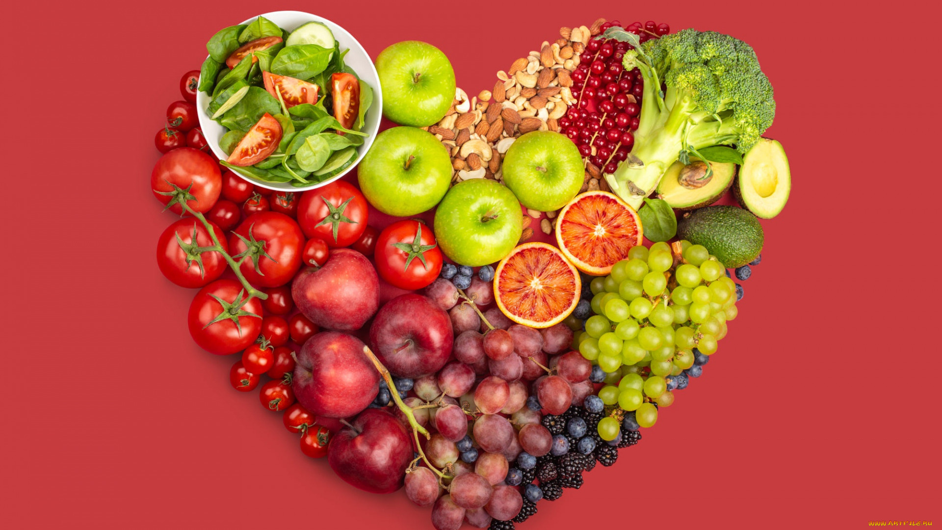 еда, фрукты, и, овощи, вместе, помидоры, брокколи, виноград, яблоки, ягоды