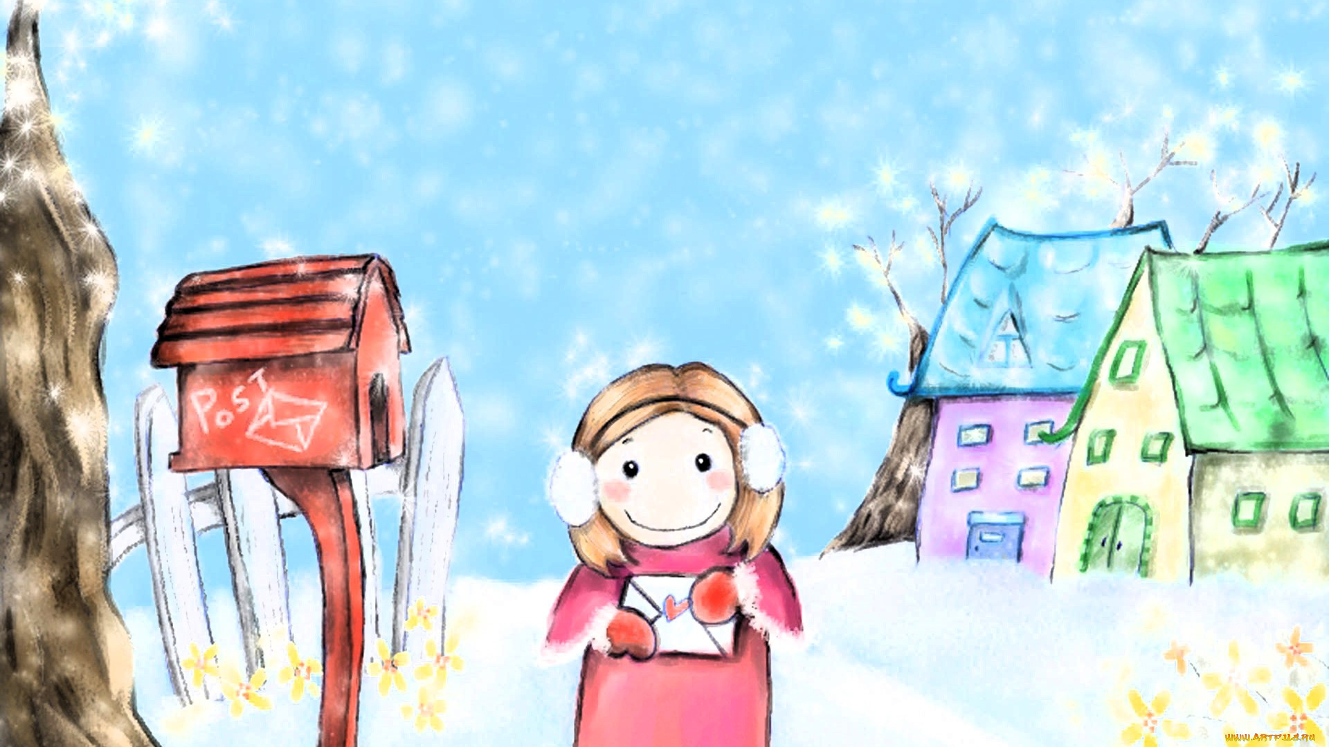 рисованное, дети, девочка, письмо, ящик, дома, снег