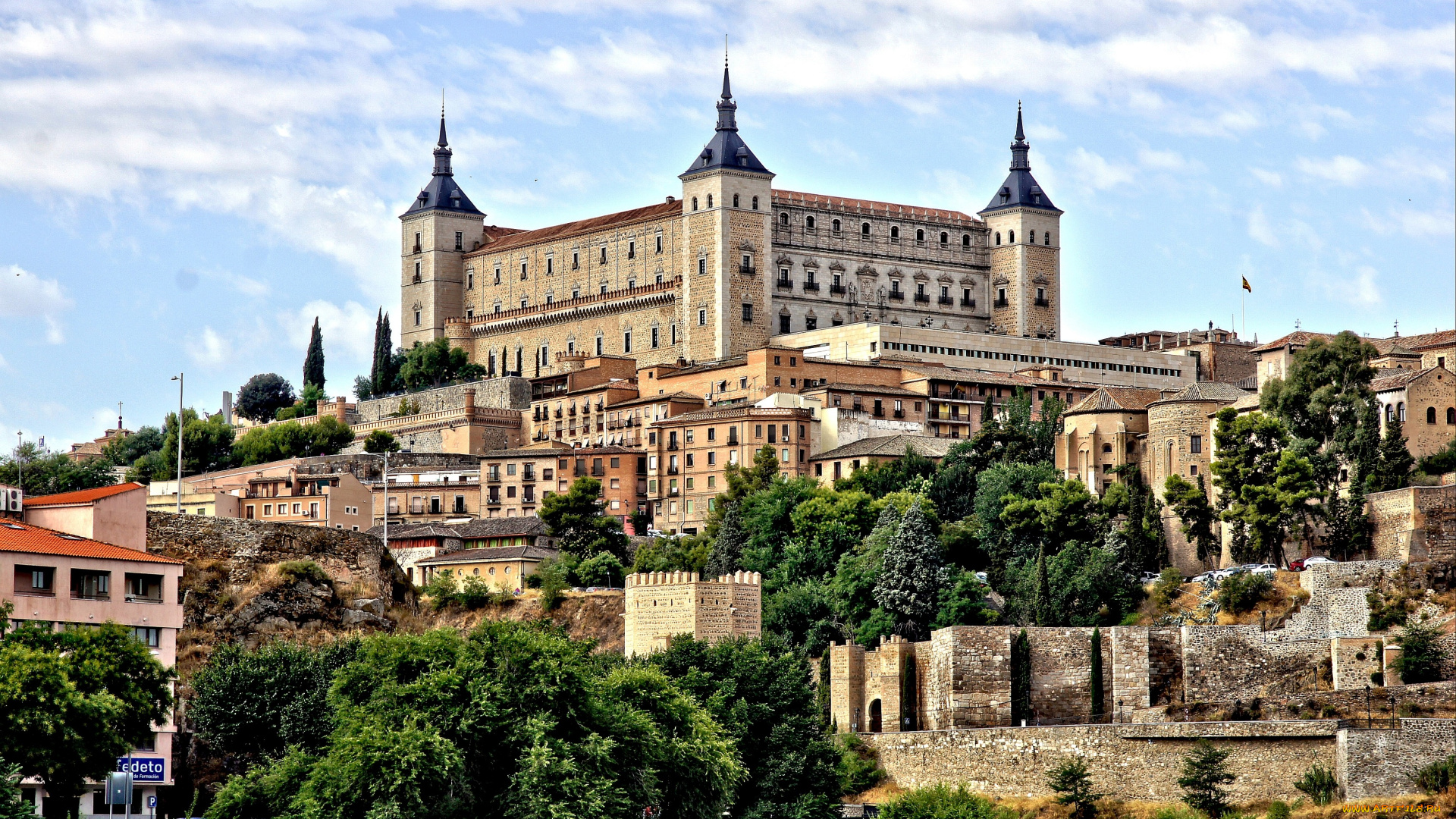 замок, алькасар, испания, города, толедо, холм, каменный, большой, дома