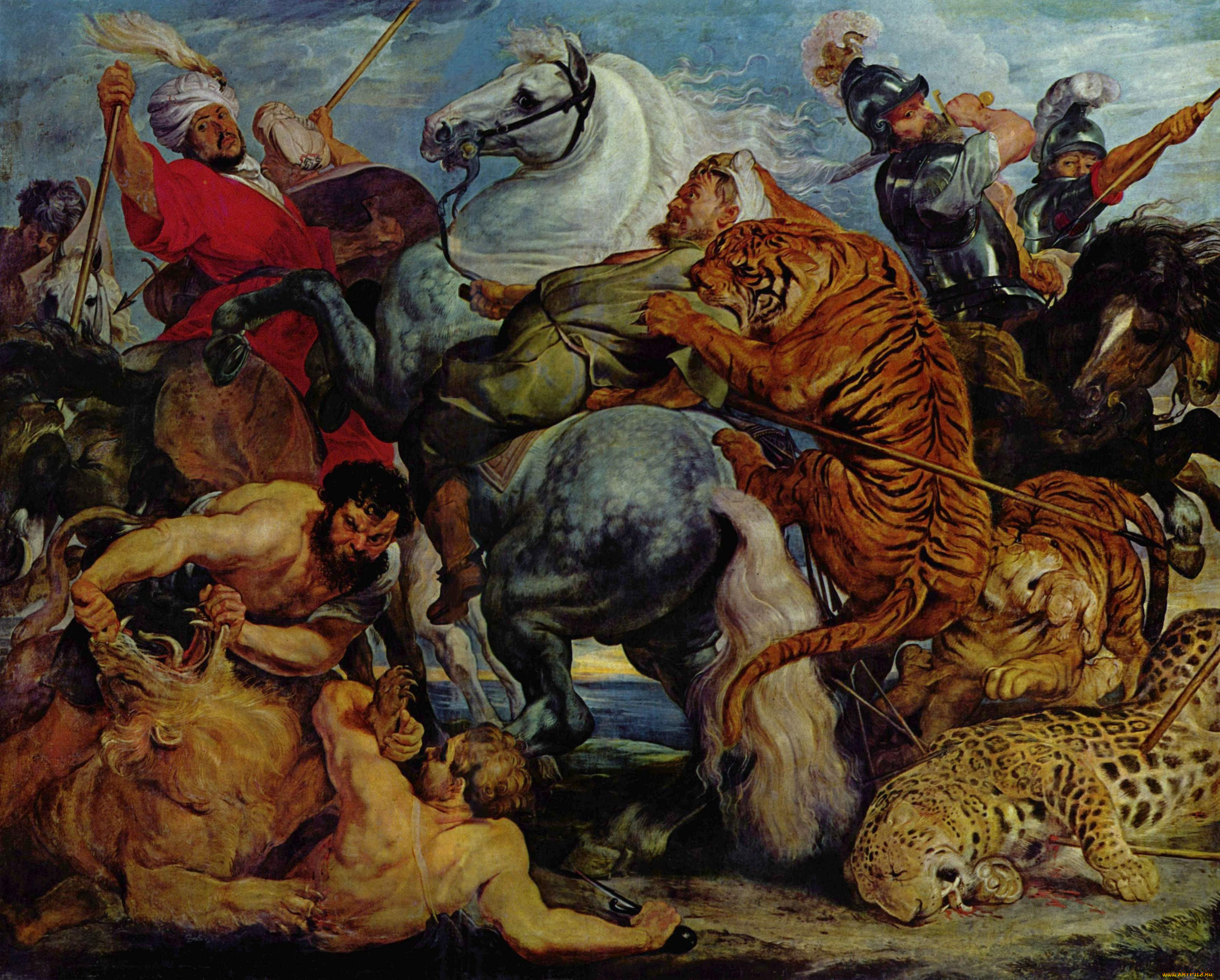 охота, на, тигров, львов, рисованные, pieter, paul, rubens, лев, тигр