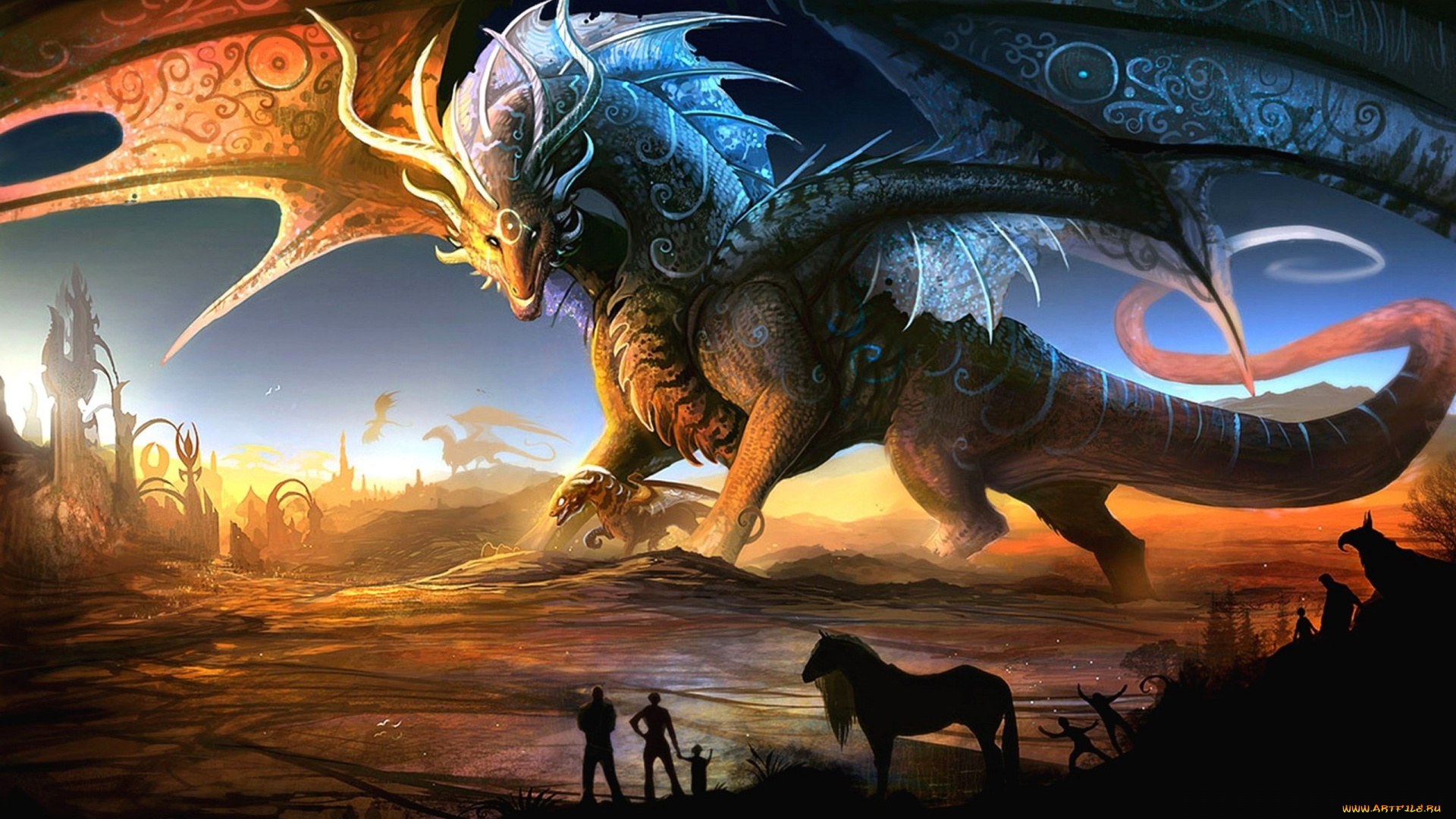 dragon, фэнтези, драконы, люди, лошади
