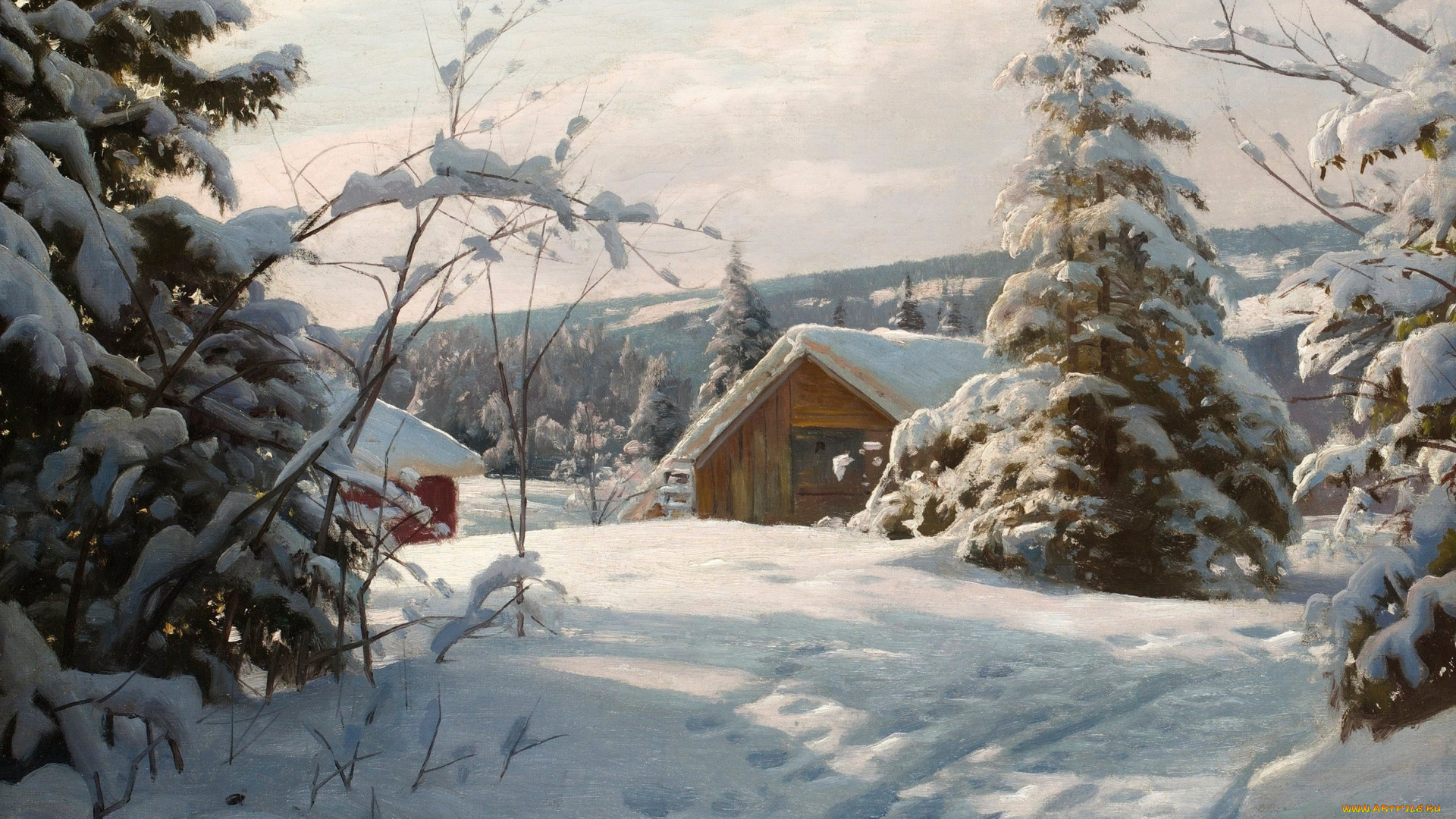 рисованные, peder, mork, monsted, домик, сугробы, деревья, снег, зима, елки