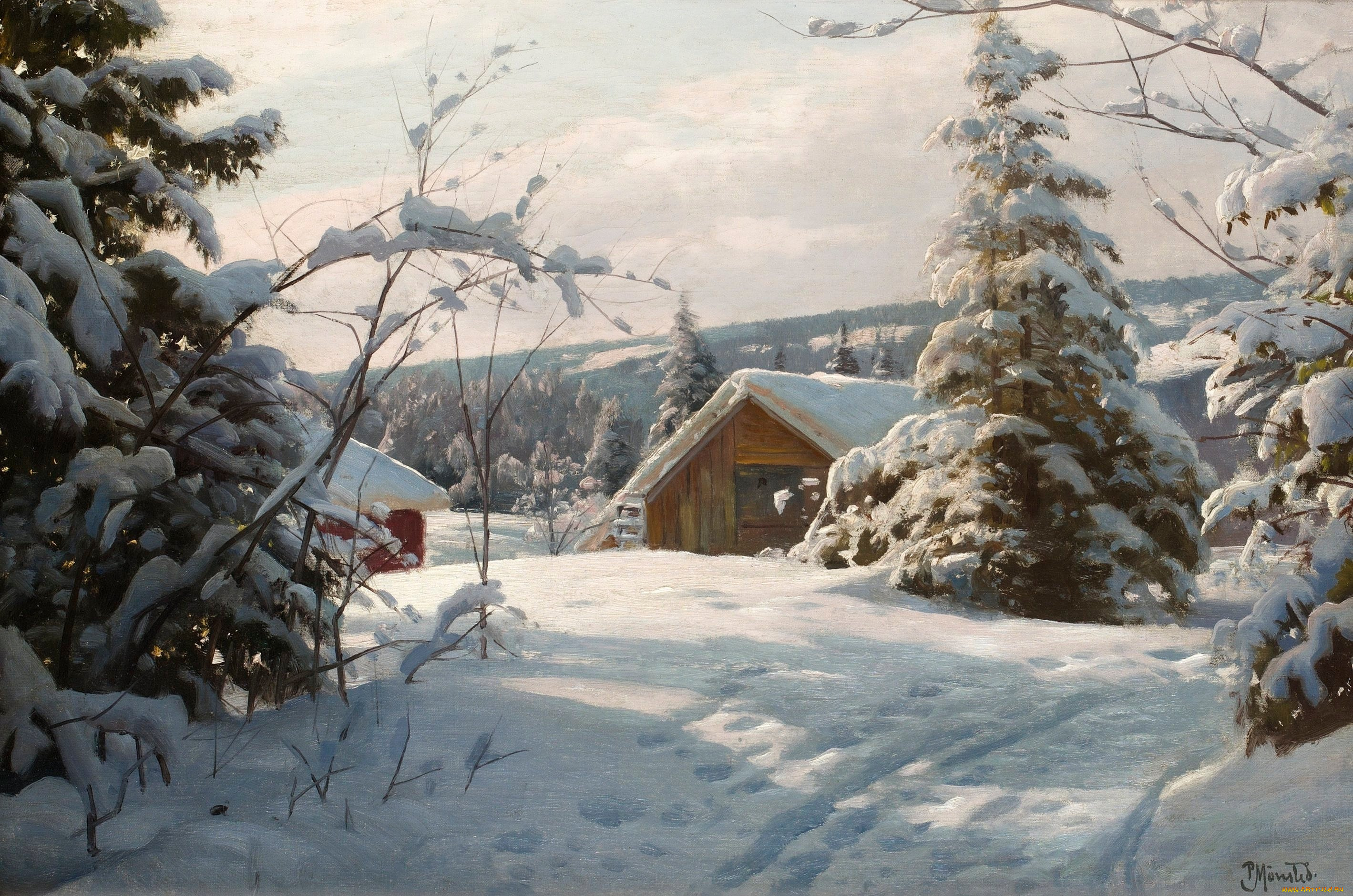 рисованные, peder, mork, monsted, домик, сугробы, деревья, снег, зима, елки