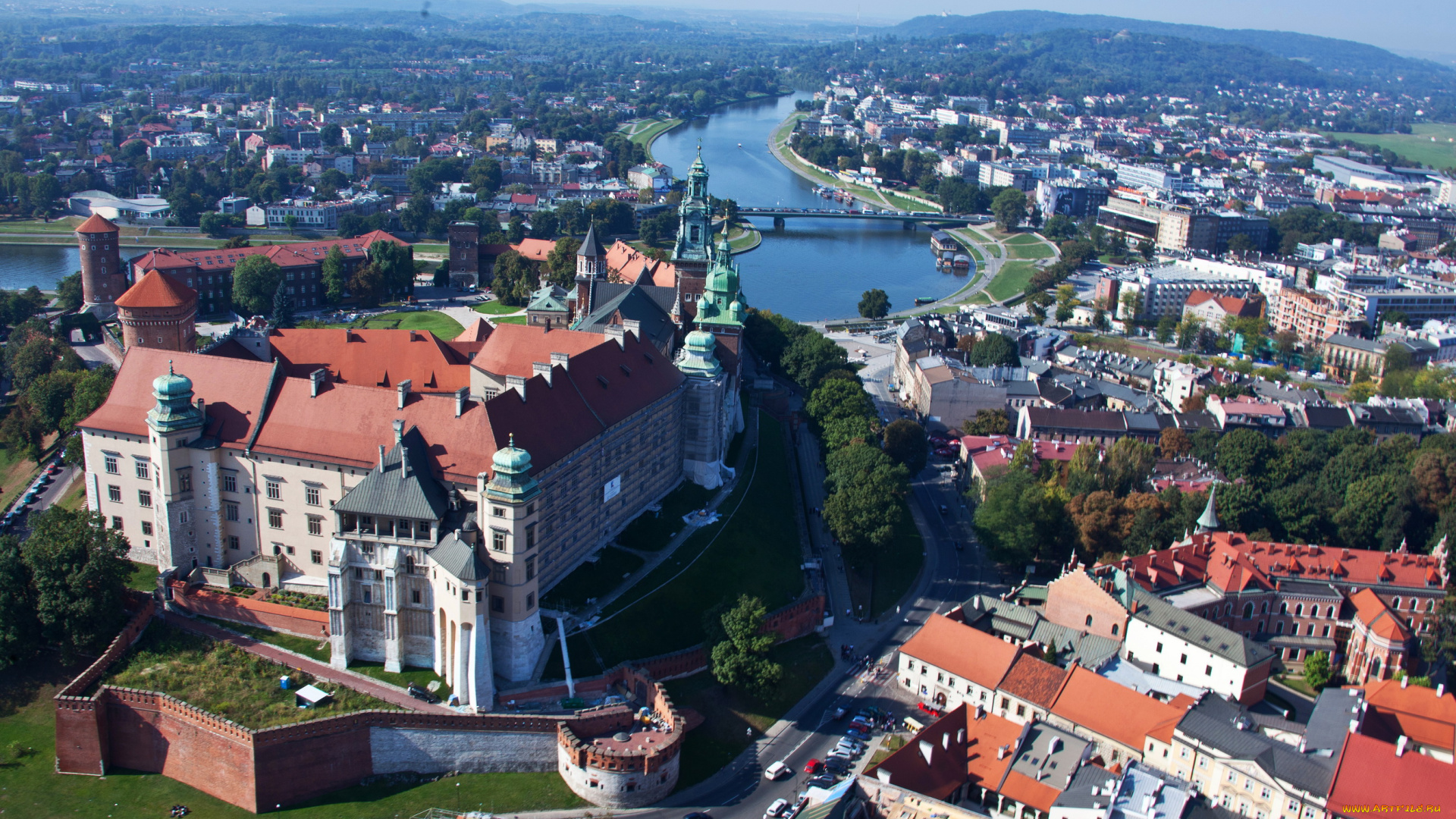 краков, польша, города, -, панорамы, польша, панорама, краков, река, дома