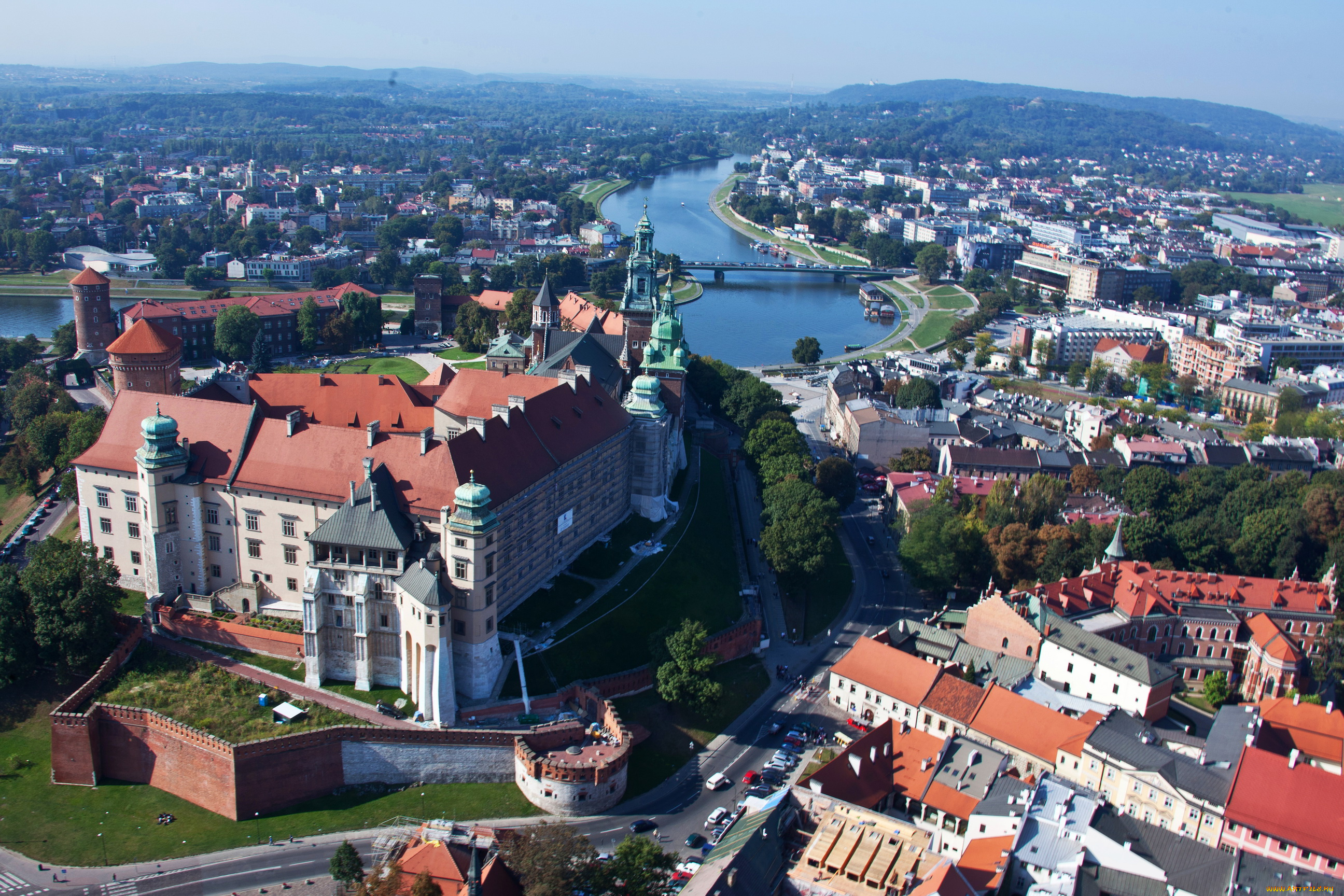 краков, польша, города, -, панорамы, польша, панорама, краков, река, дома