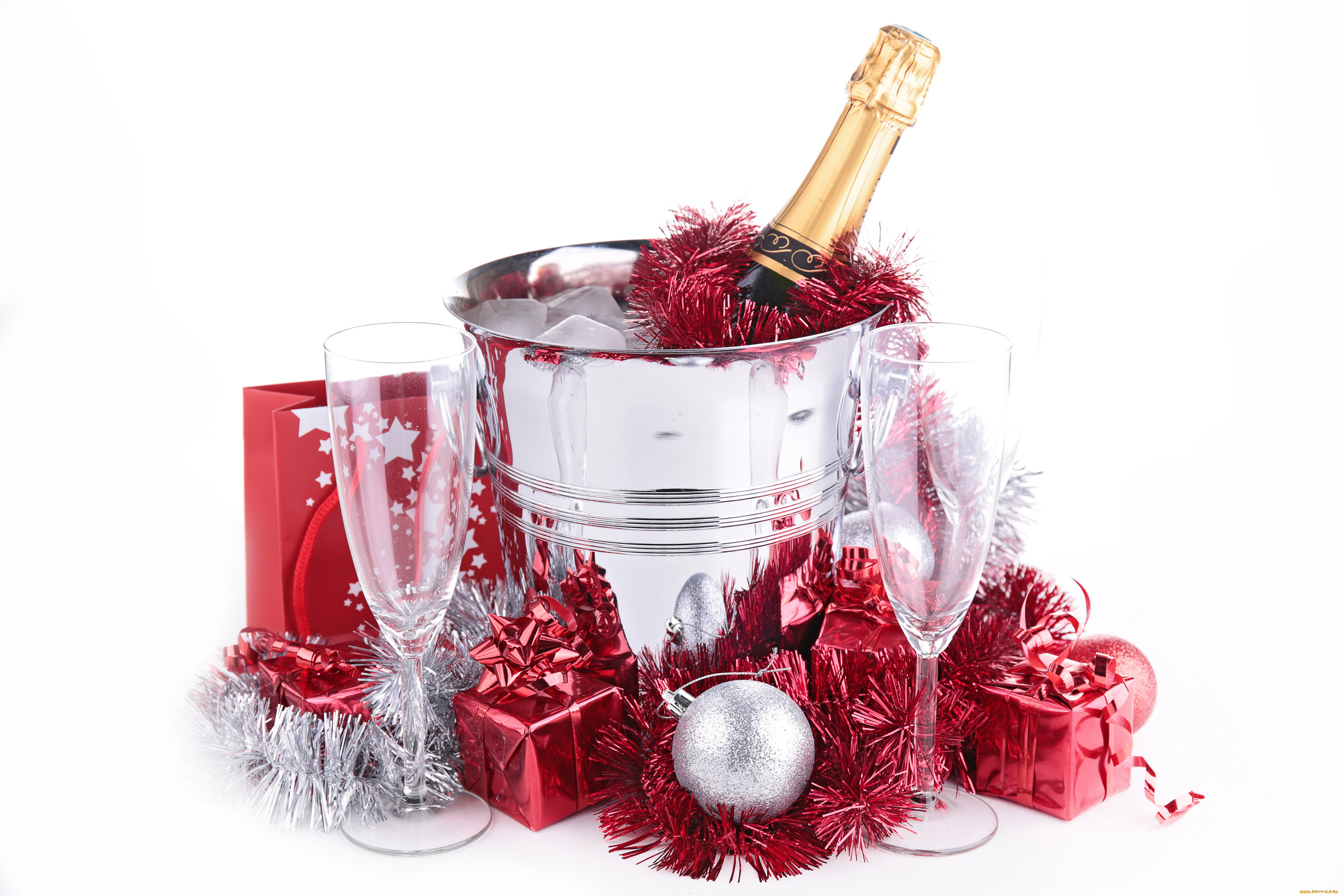 праздничные, -, разное, , новый, год, ведерко, лед, шампанское, подарки, мишура, шарики