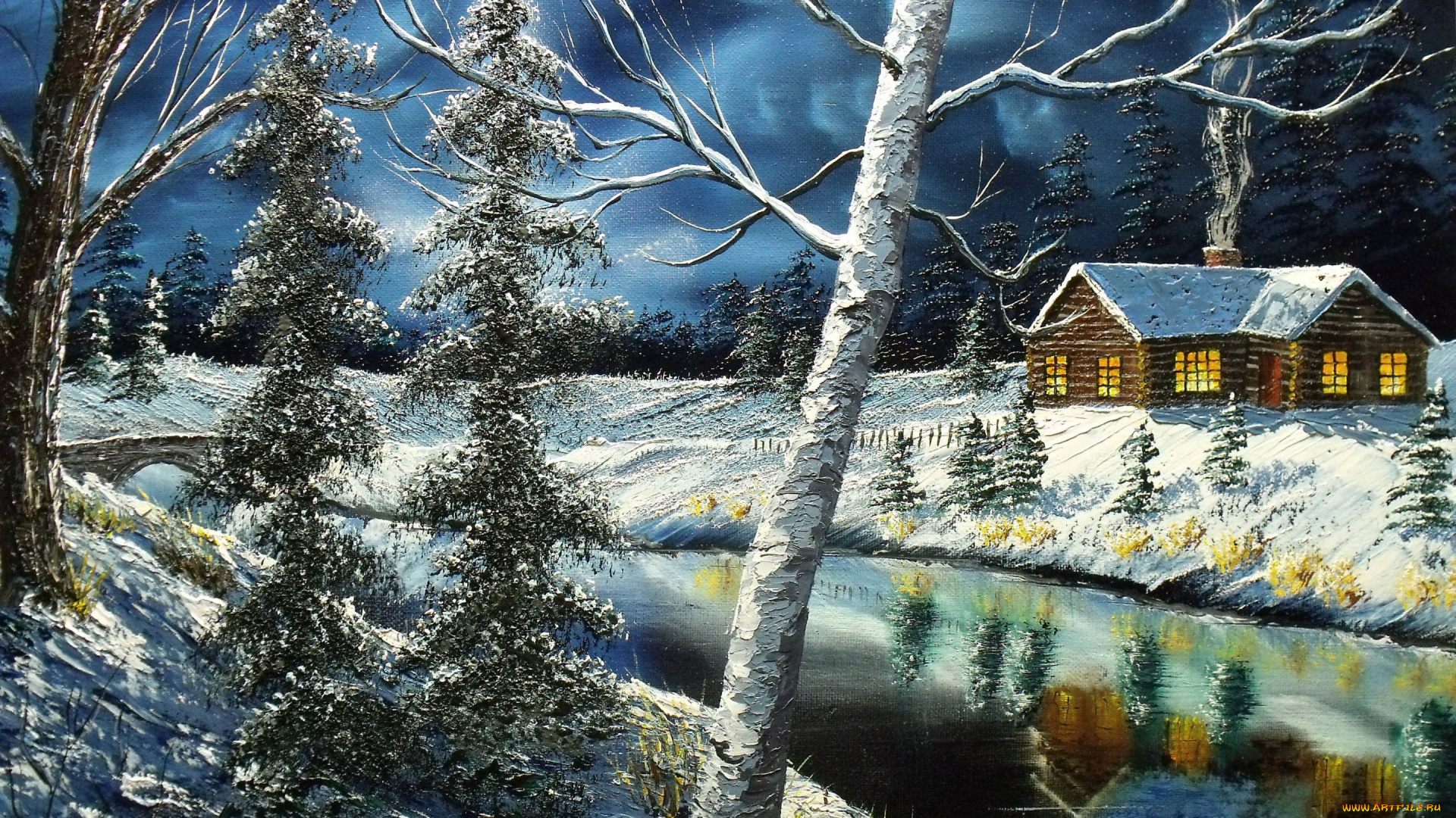 рисованное, живопись, холст, небо, отражение, речка, деревья, зима, окна, домик