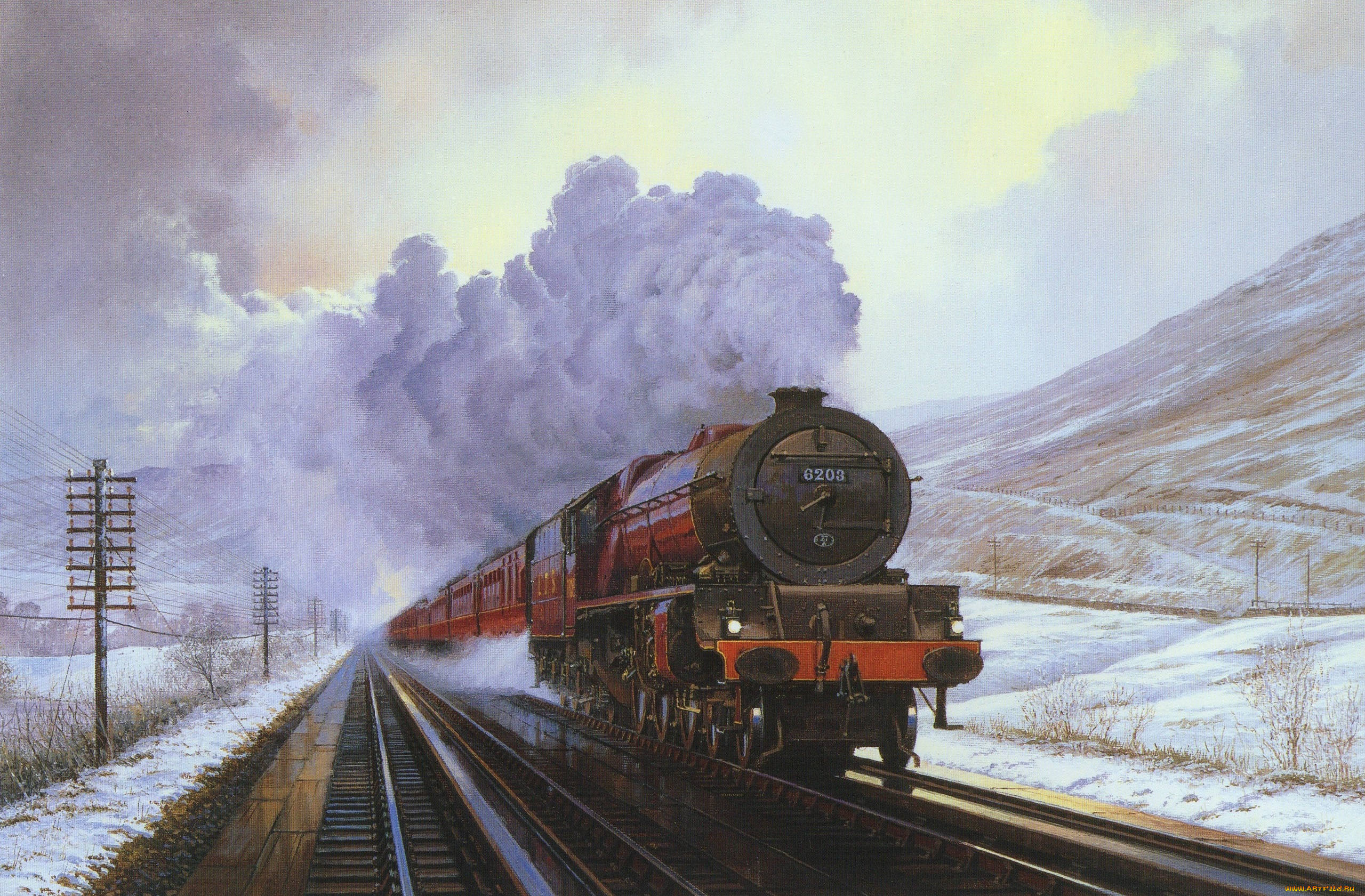 рисованное, -, другое, холст, поезд, горы, снег, вагон, зима, дым, паровоз, пейзаж