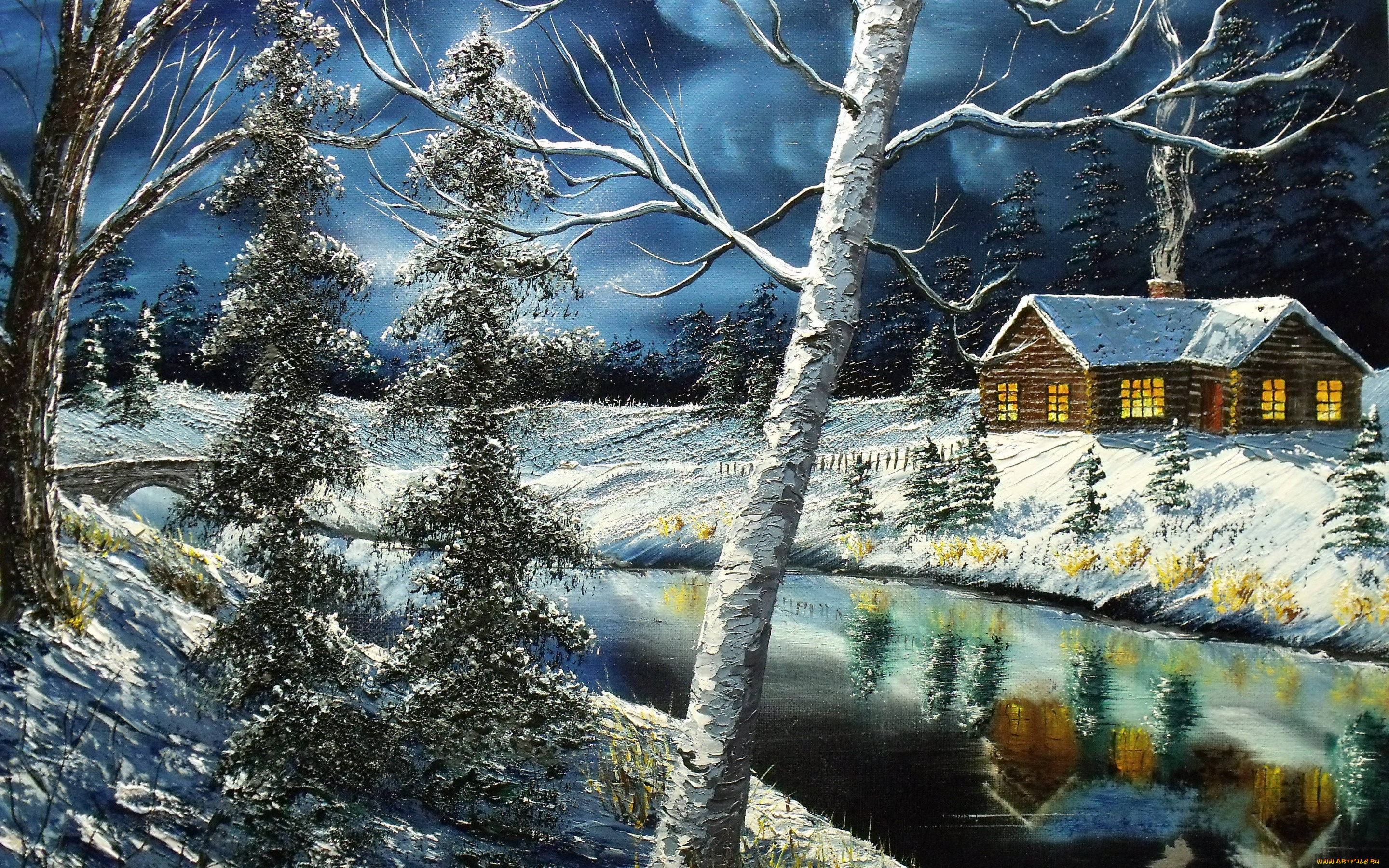 рисованное, живопись, холст, небо, отражение, речка, деревья, зима, окна, домик