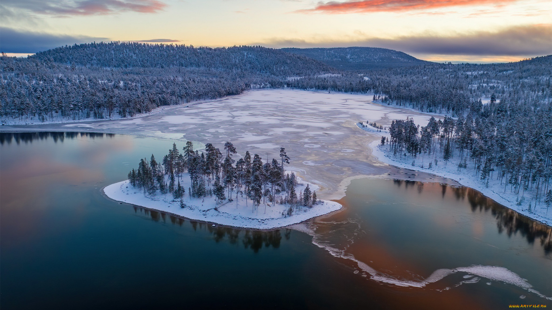природа, зима, лапландия, снег, лес, вечер, закат, лед, на, озере, финляндия