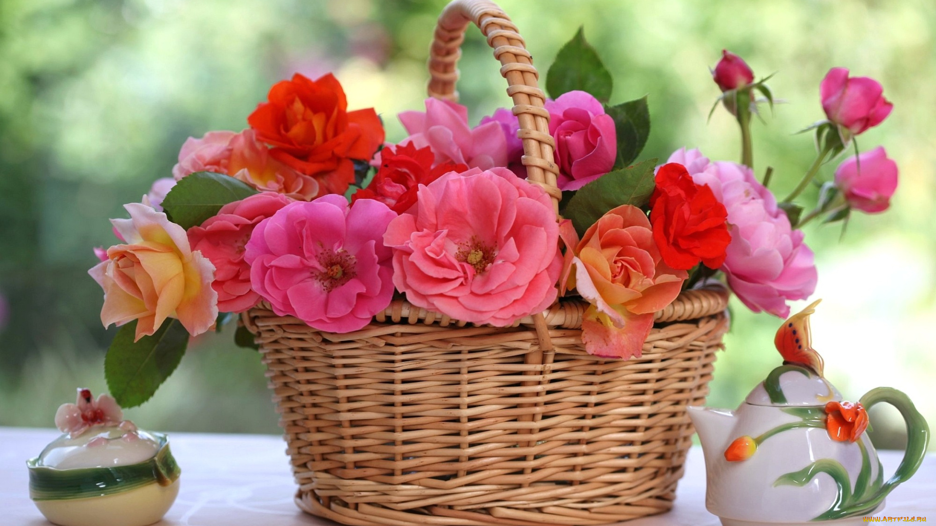 цветы, розы, посуда, розовый, корзина