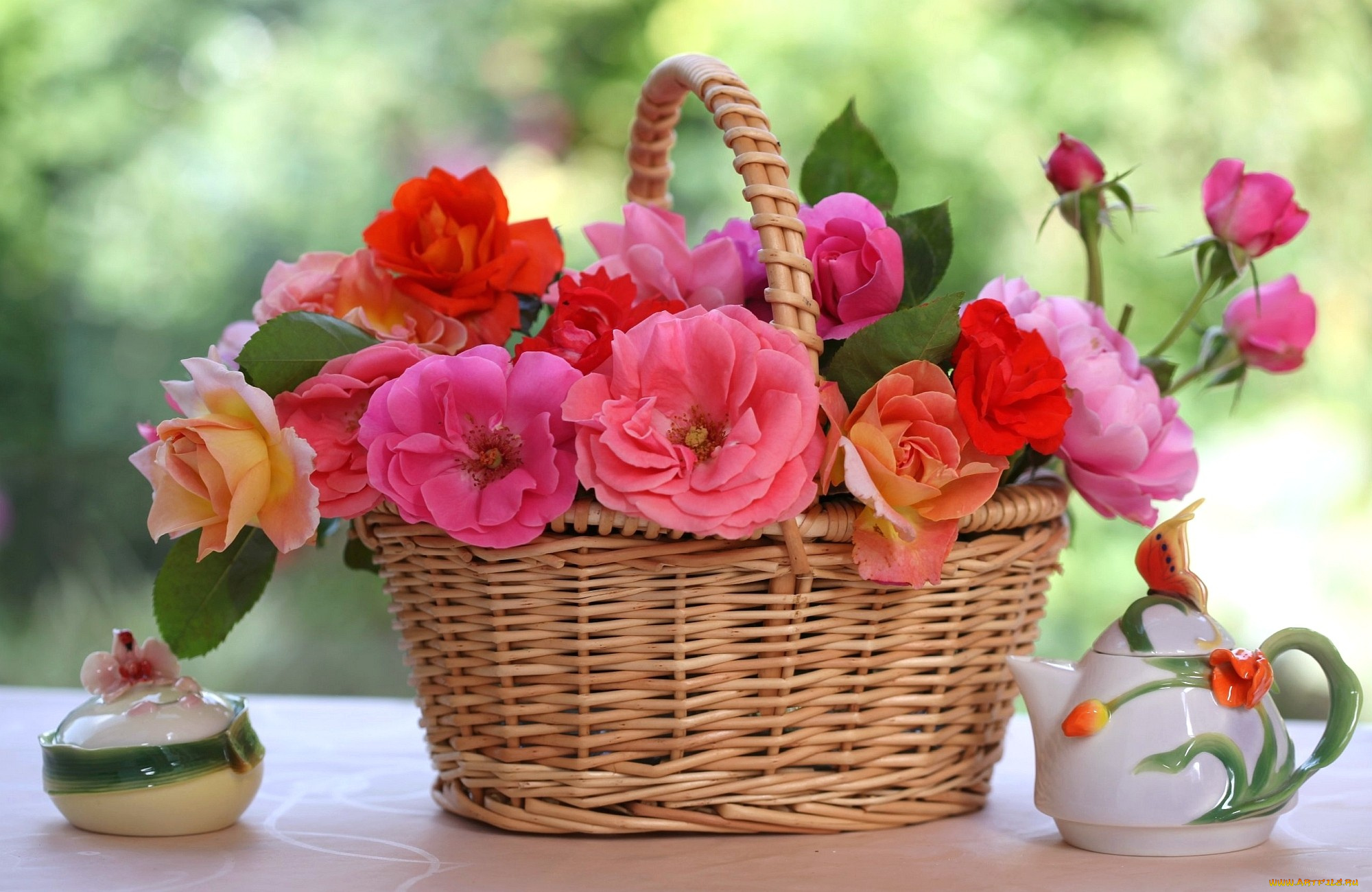 цветы, розы, посуда, розовый, корзина