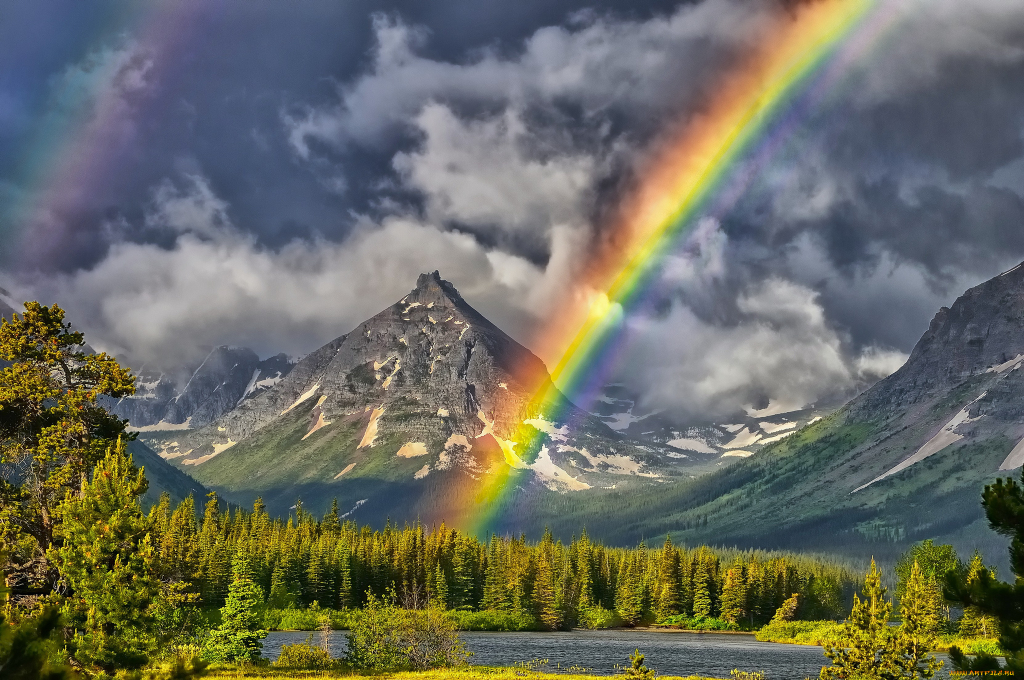 painted, teepee, peak, природа, радуга, пейзаж, горы, озеро