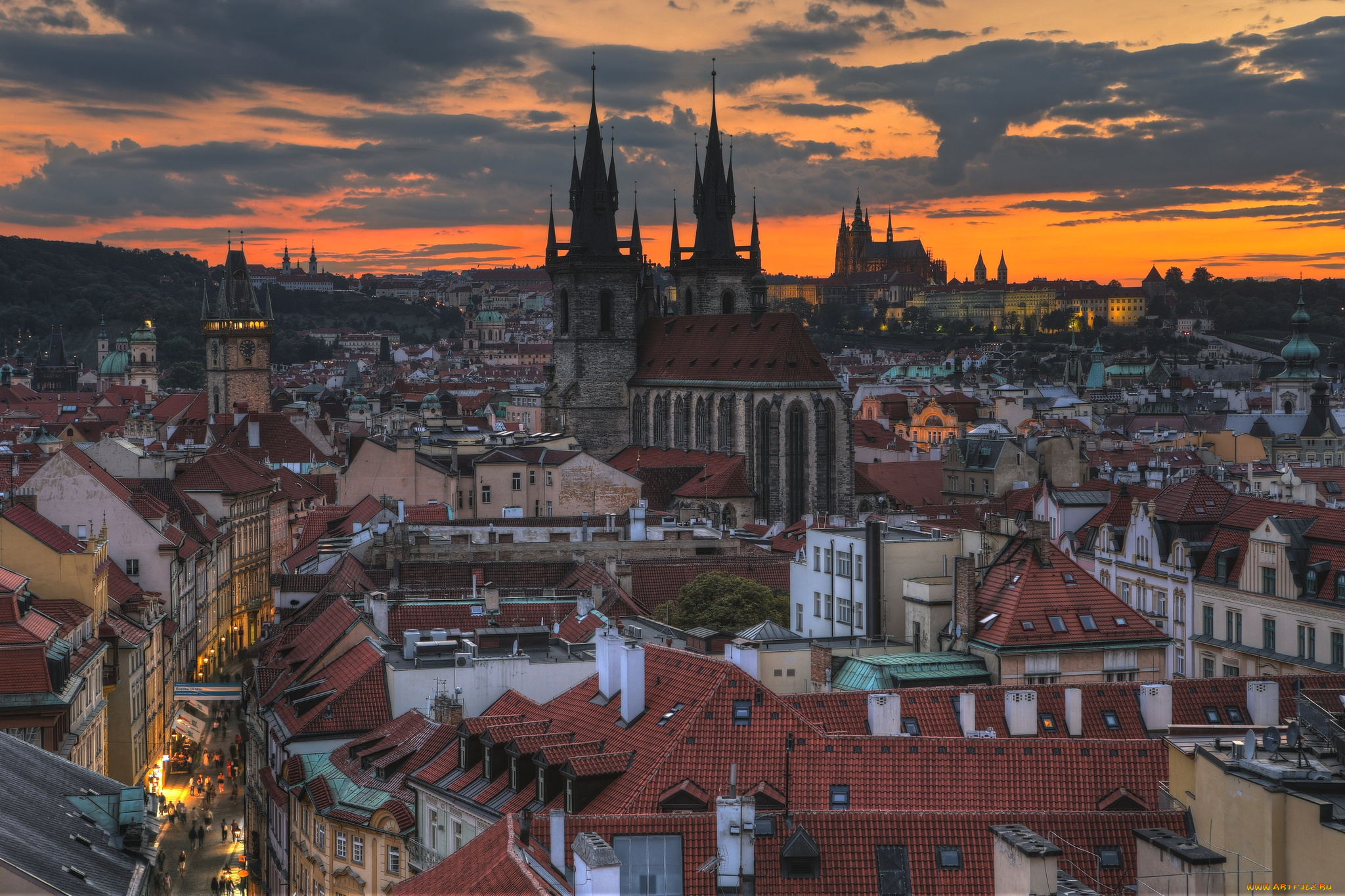 города, прага, Чехия, вечер, панорама, крыши