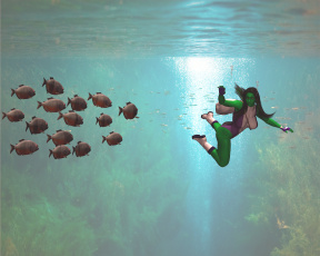 Картинка 3д+графика fantasy+ фантазия пирании вода девушка