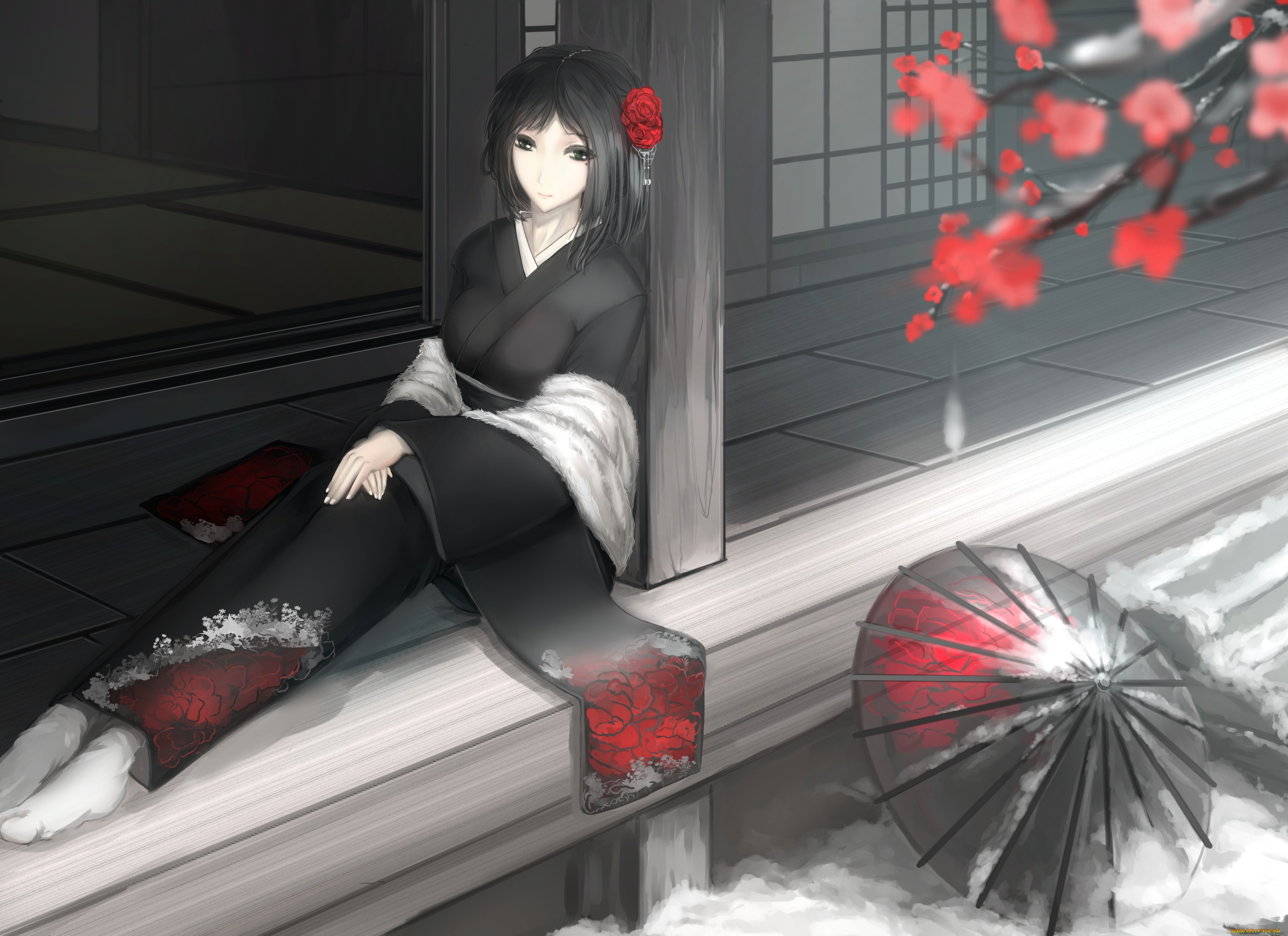 Аниме девушка в черном кимоно