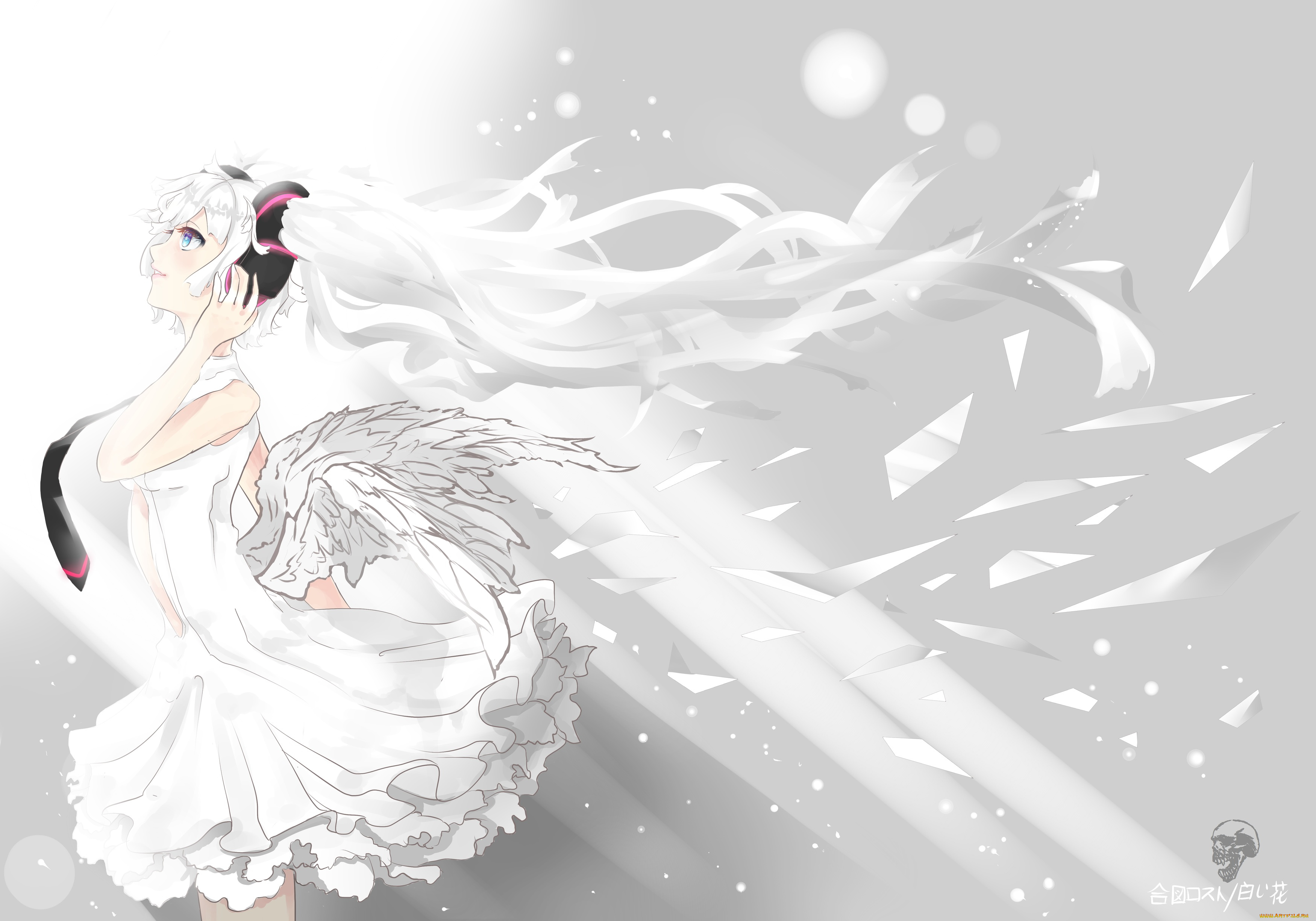 аниме, vocaloid, hatsune, miku, крылья, девушка, арт, белое, платье