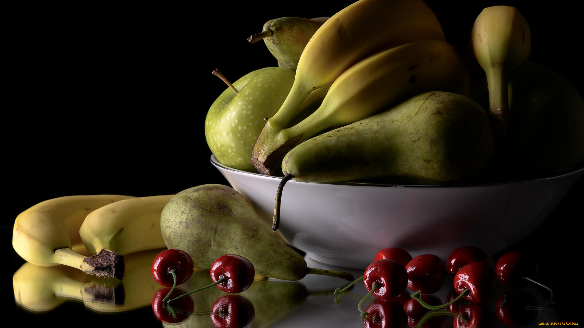 еда, натюрморт, груши, черешня, бананы, яблоки, фрукты