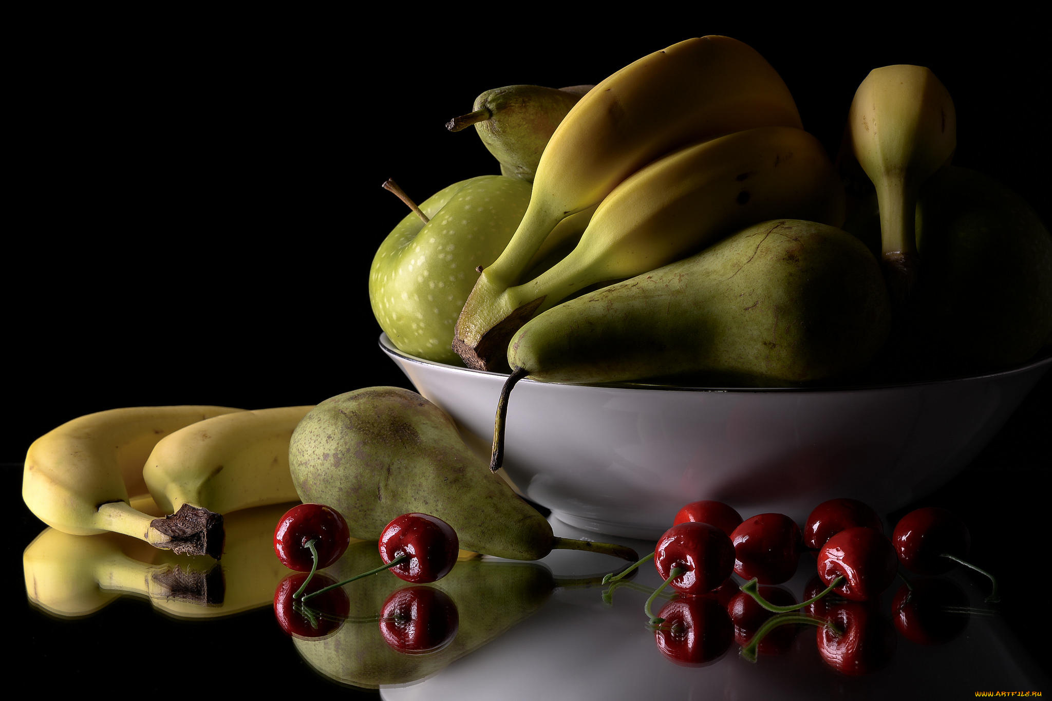 еда, натюрморт, груши, черешня, бананы, яблоки, фрукты