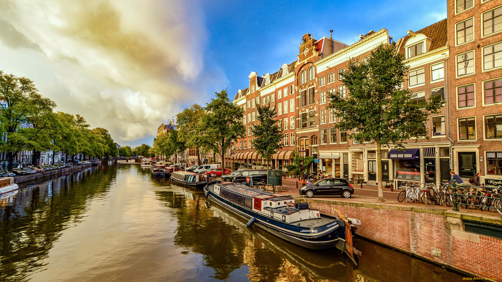 города, амстердам, , нидерланды, лодки, набережная, канал