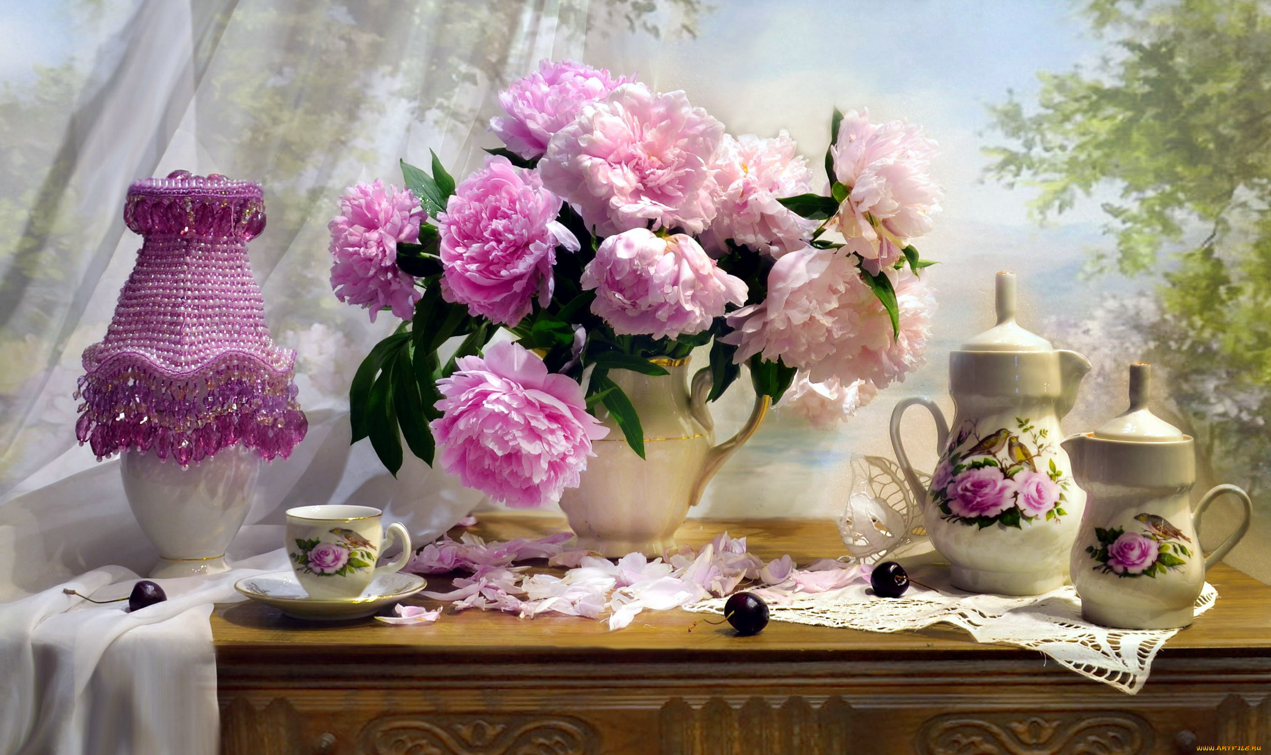 цветы, пионы, букет, розовые, ваза, настольная, лампа