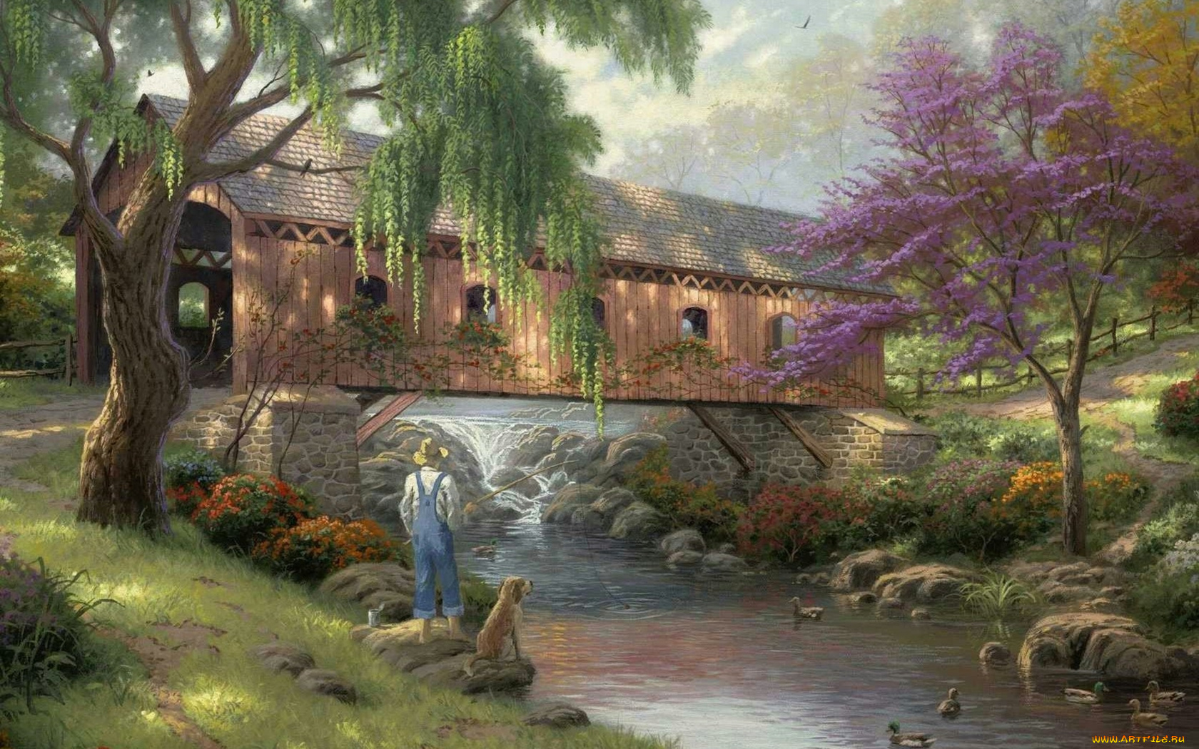 old, fishin, hole, рисованные, thomas, kinkade, природа, мост, рыбалка, живопись, томас, кинкейд