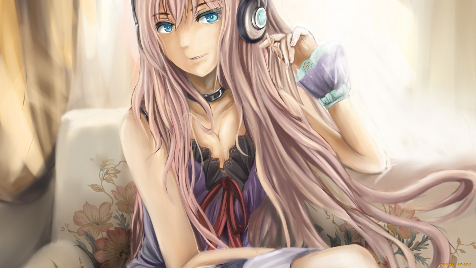 аниме, vocaloid, девушка, наушники, диван, megurine, luka