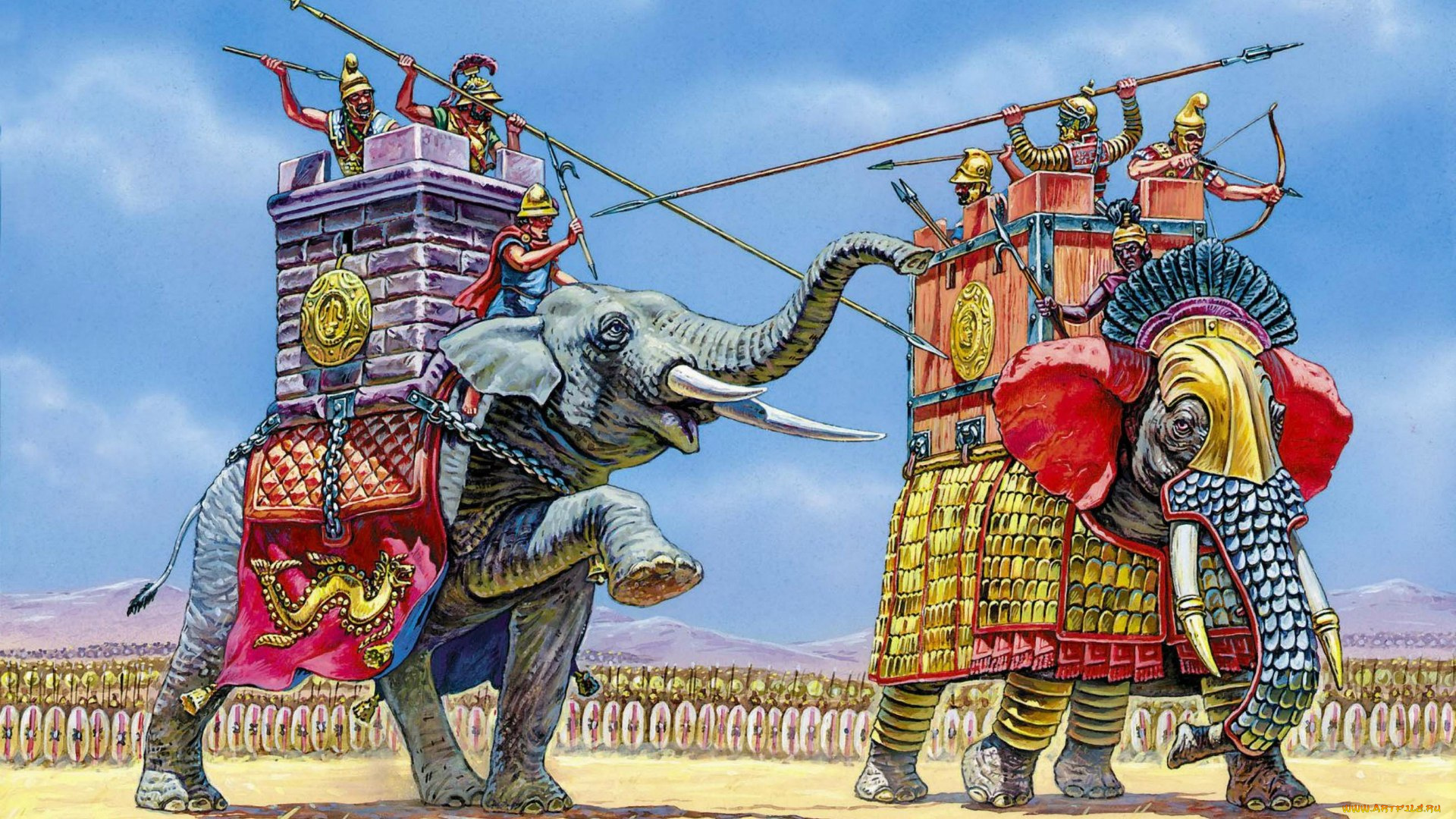 рисованные, животные, слоны, боевые