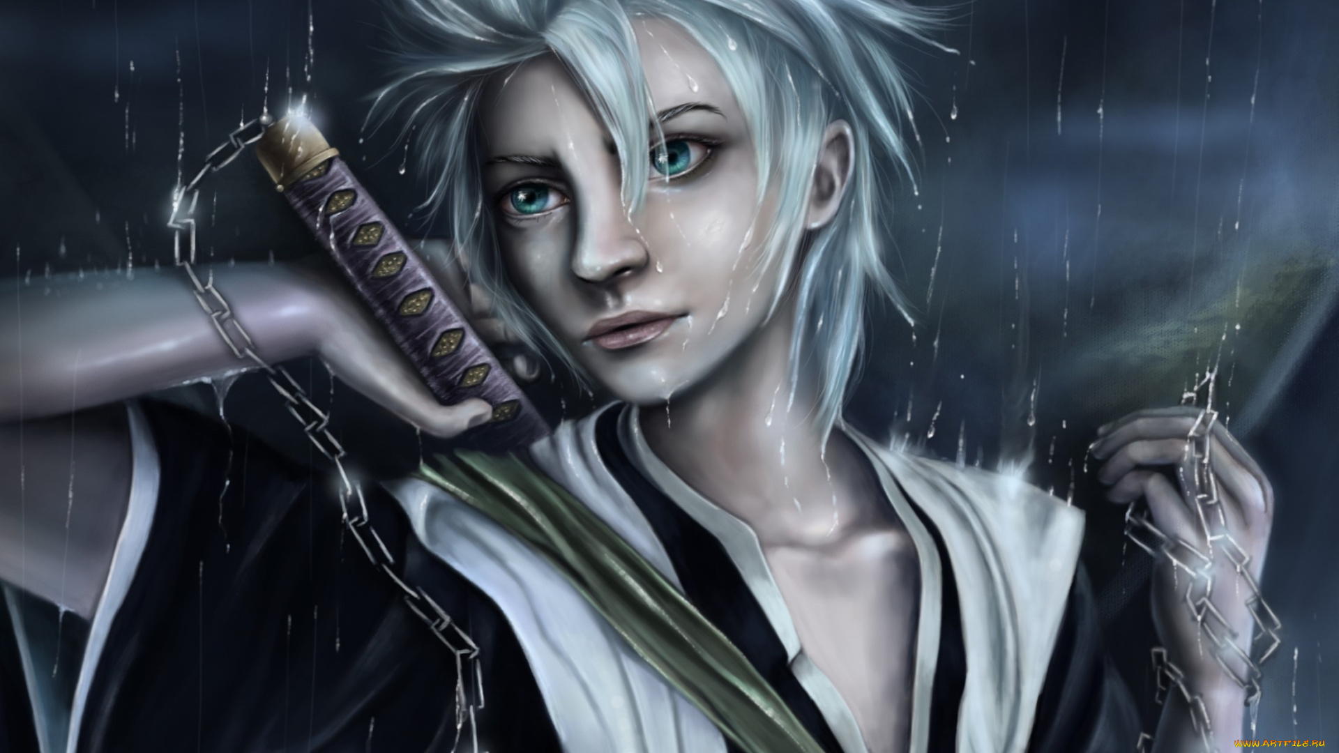 аниме, bleach, hitsugaya, toushirou, парень, меч, цепи, дождь