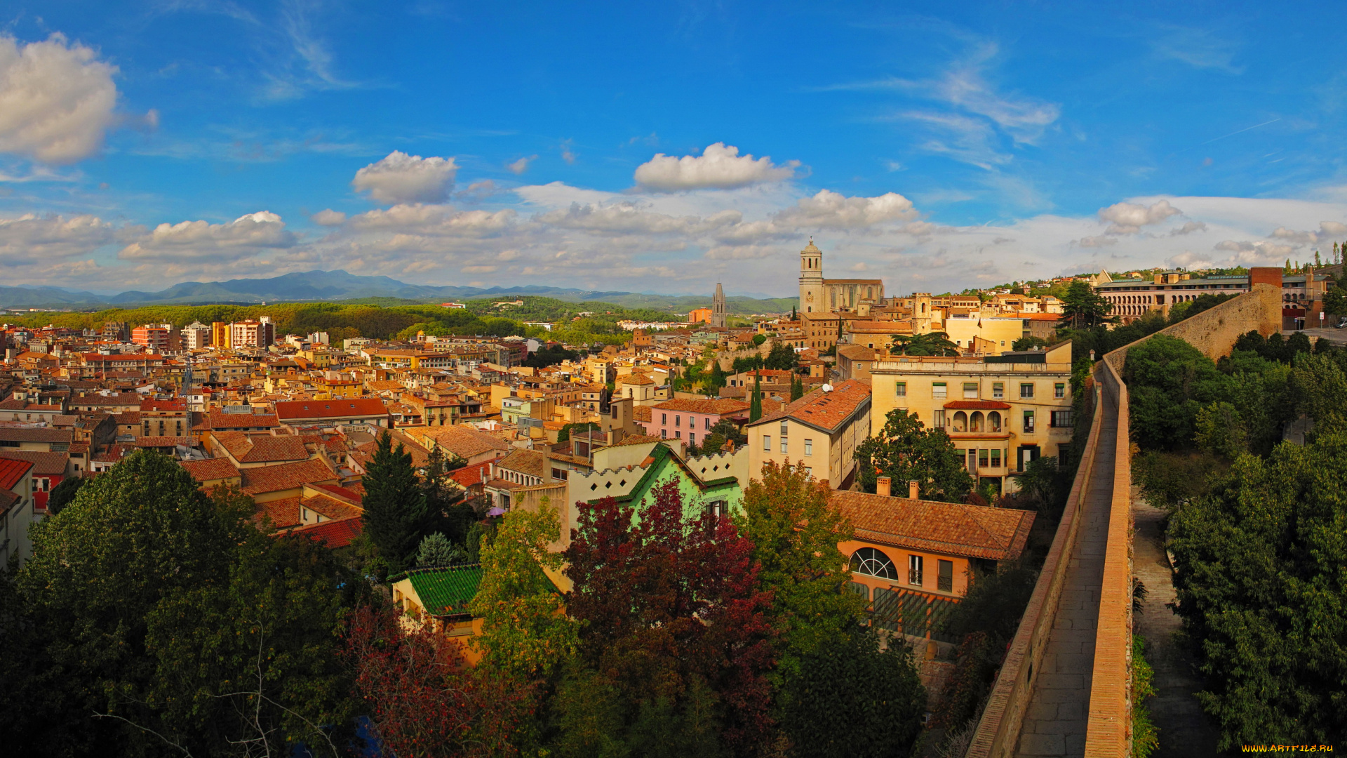 испания, girona, города, -, панорамы, girona, испания, дороги, панорама, дома