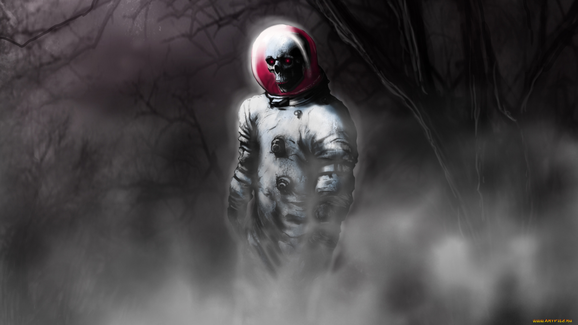 космонавт, фэнтези, нежить, скелет, лес, туман