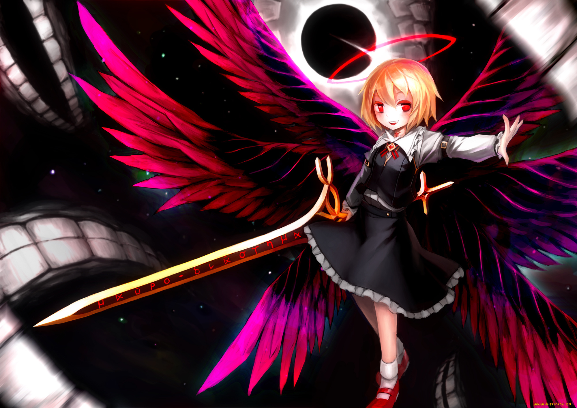 аниме, touhou, улыбка, жест, оружие, меч, крылья, магия
