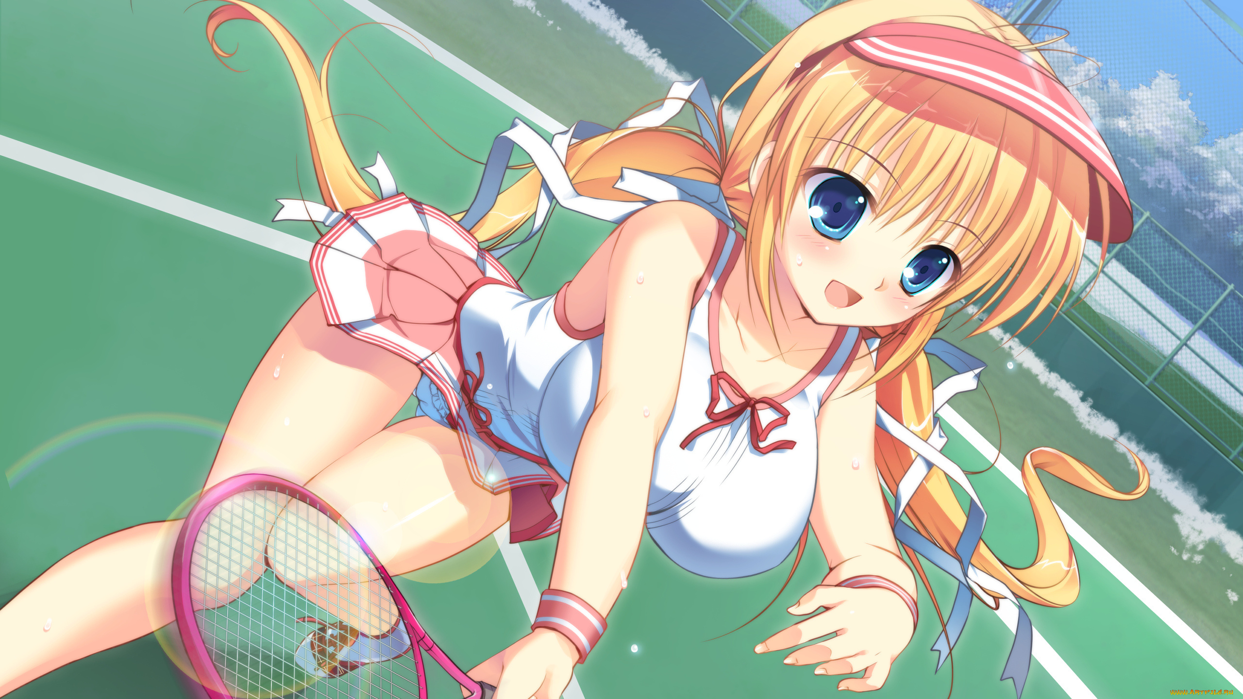 mikeou, аниме, девушка, kazamatsuri, mana, радость, жест, ракетка, спорт, теннис, корт