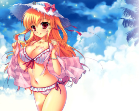 Картинка mikeou аниме девушка взгляд улыбка смущение бикини грудь шляпа