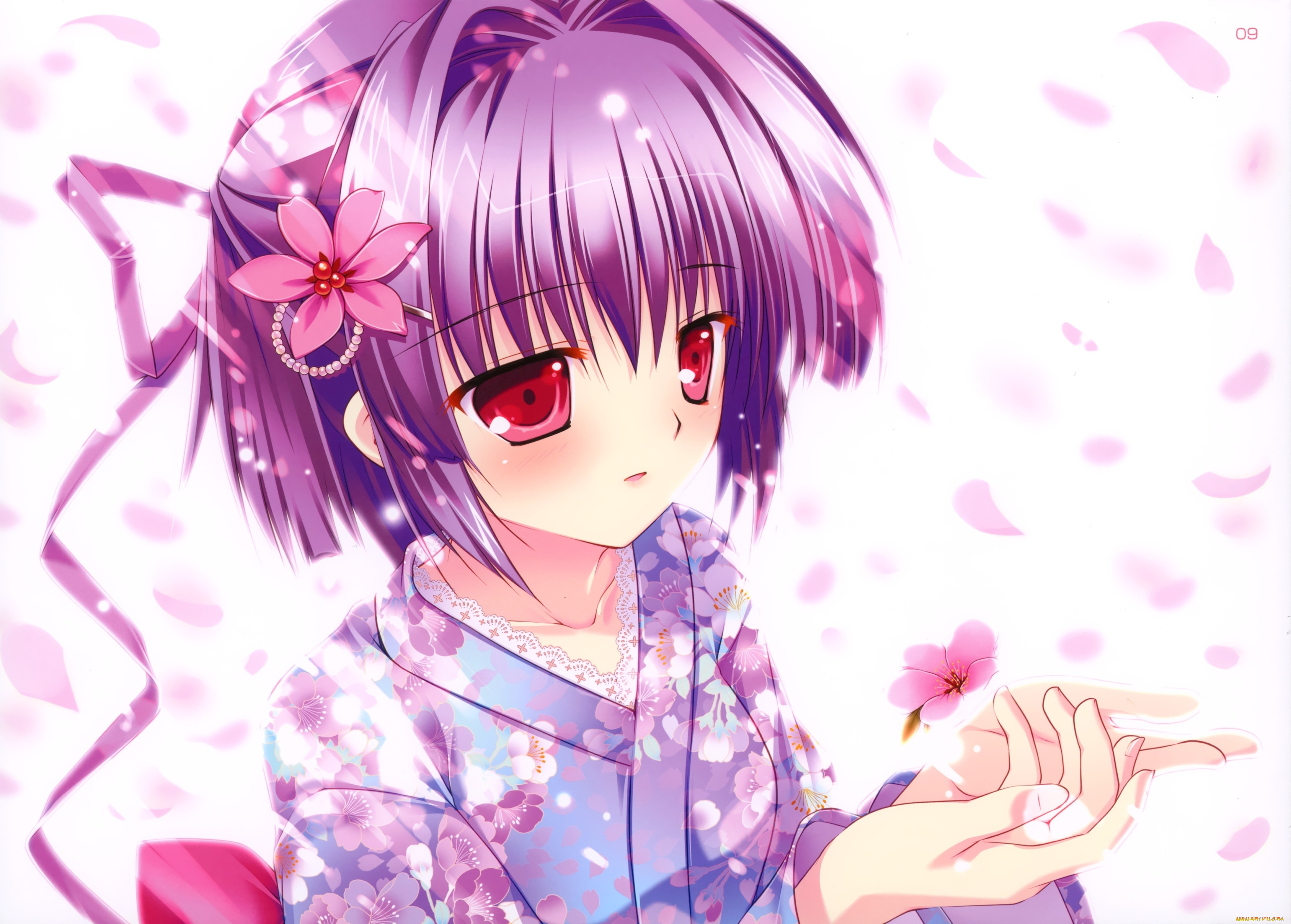 mikeou, аниме, девочка, лепестки, цветок, лента, для, волос