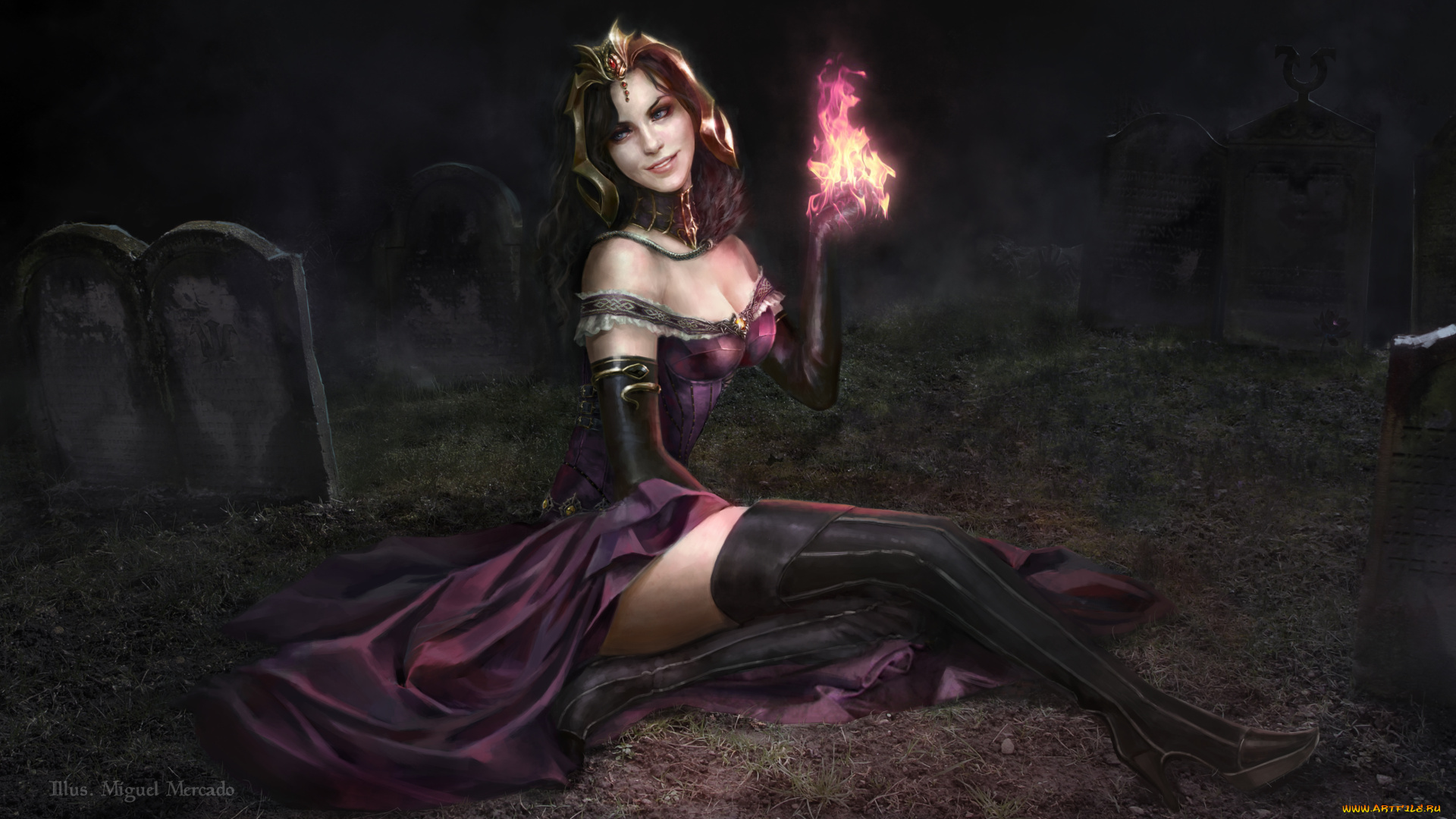 фэнтези, девушки, арт, эротика, necromancer, liliana, vess, magic, the, gathering, платье, сидит