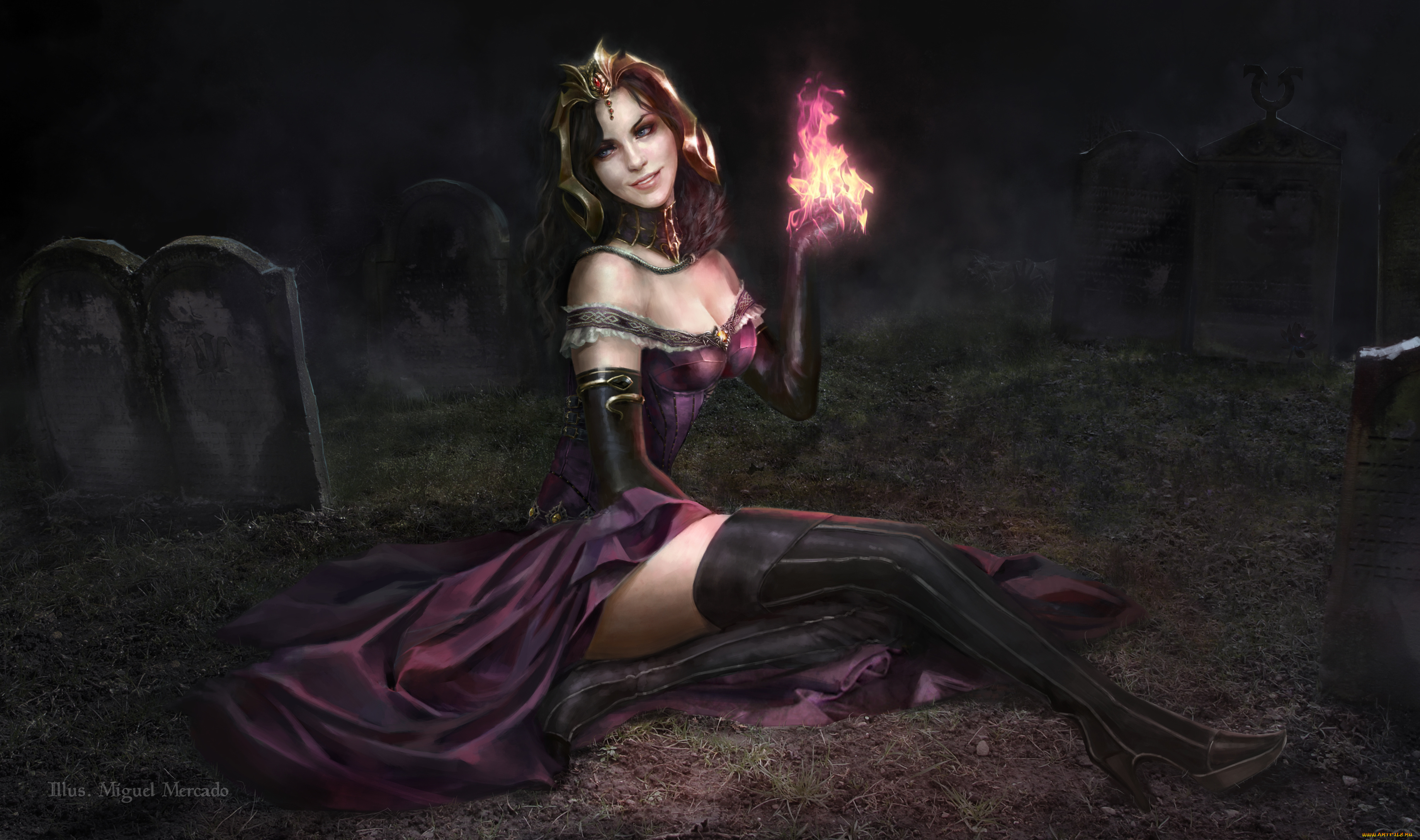 фэнтези, девушки, арт, эротика, necromancer, liliana, vess, magic, the, gathering, платье, сидит