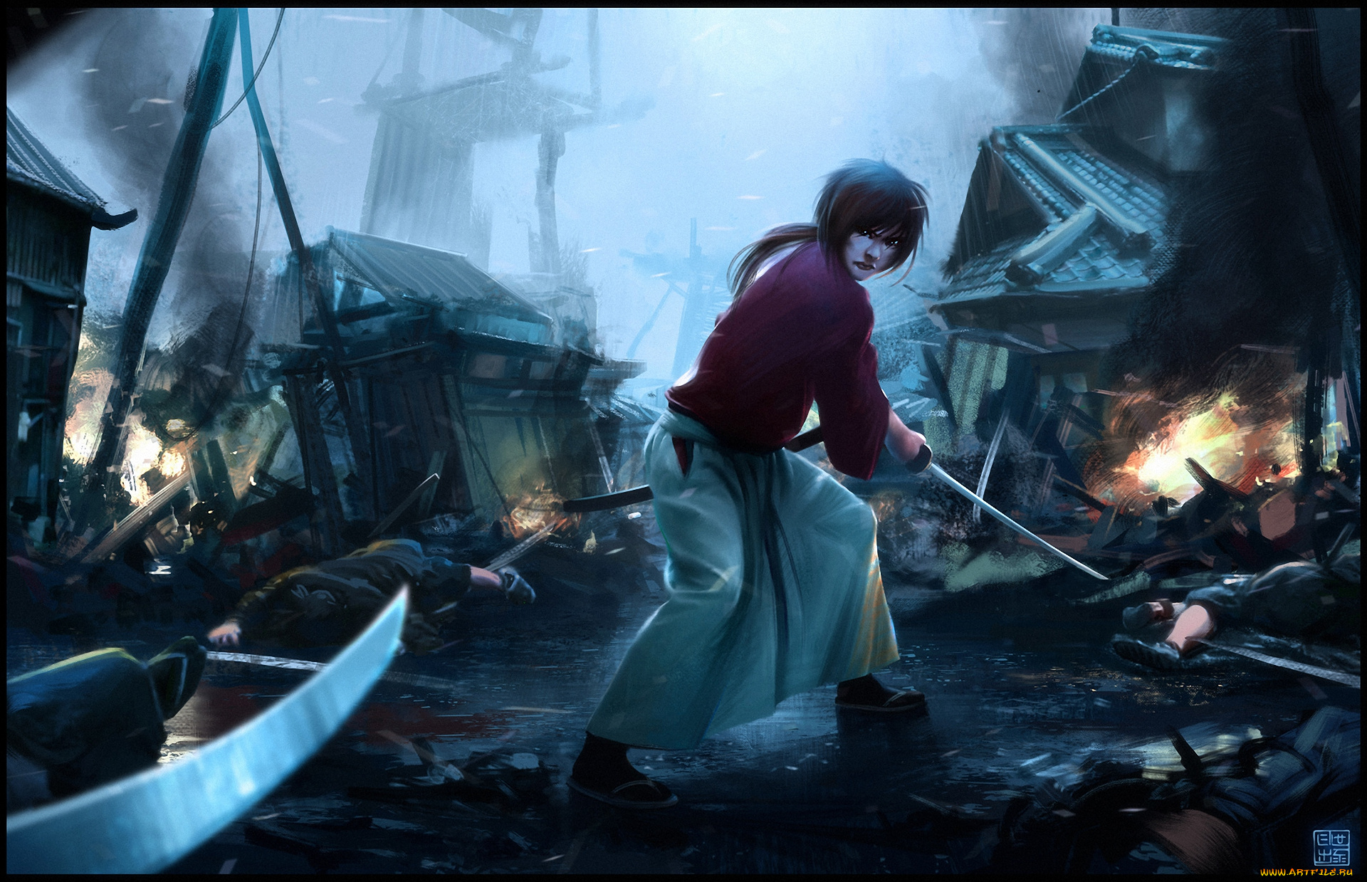 аниме, rurouni, kenshin, мужчина, kenshin, himura, самурай, меч